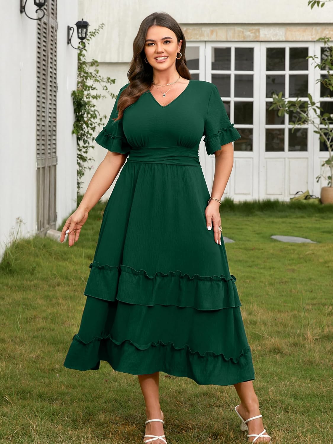 RWJ Womens 2026 Summer Plus Size Wedding Guest Dresses Ruffle Sleeve V Neck A Line Flowy Tiered Maxi Dress - Image 3