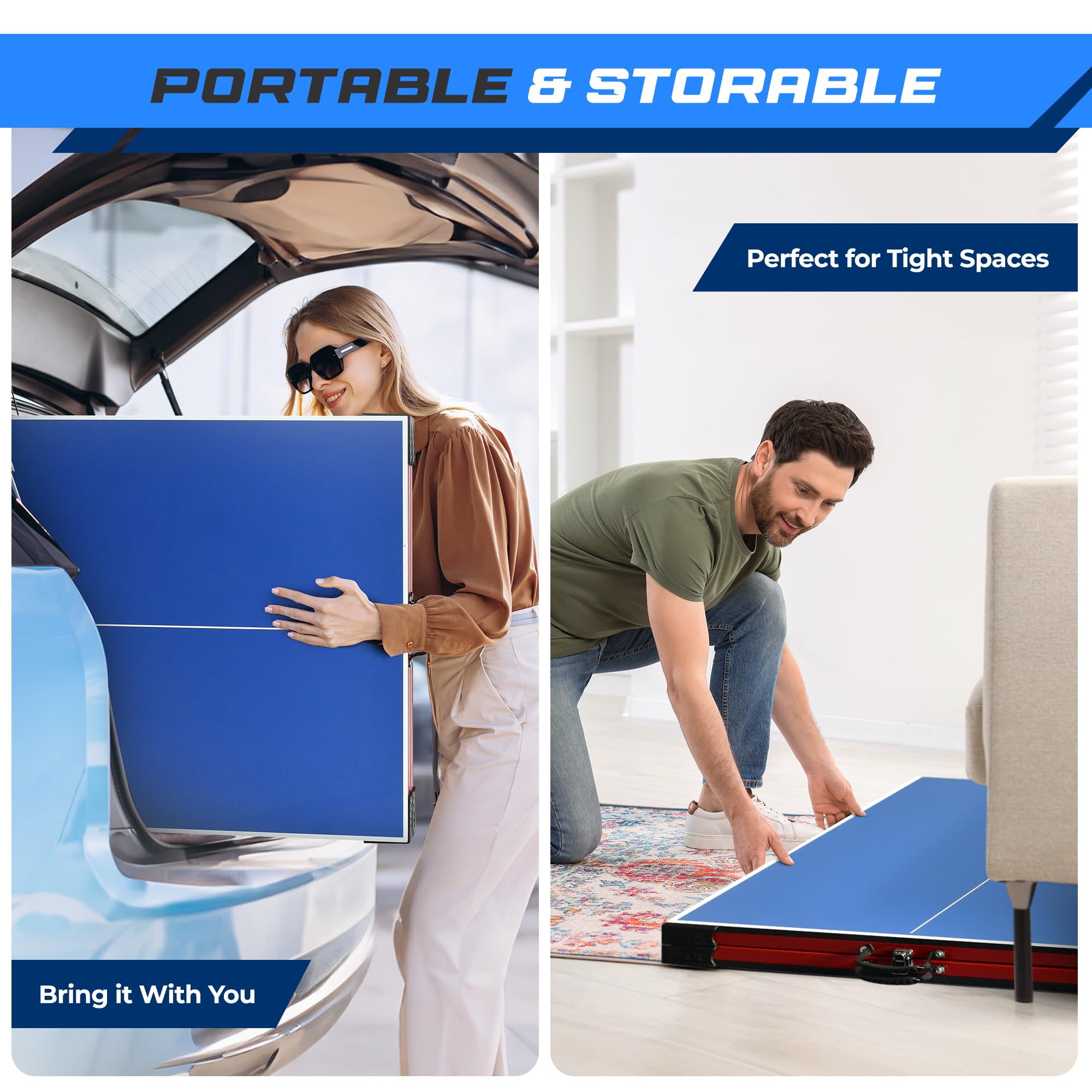 SereneLife Midsize Portable Ping Pong Table Set with Net, Clipper, Post - 6' x 3' Składany Space-Saving Design, Niebieski