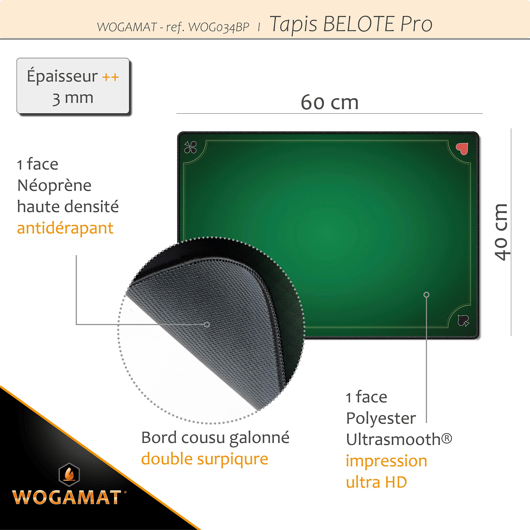 Tapis Belote Professionnel Luxe Format Standard 60x40cm Néoprène Antidérapant WOGAMAT