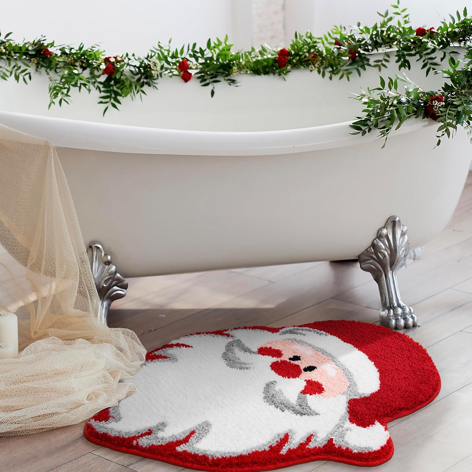 YIKUSH Santa Claus Bathroom Rugs for Living Room Red Christmas Rug Absorbent Washable Bath Mat Shower Non-Slip Soft Thick Durable Bathtub Carpet for Women