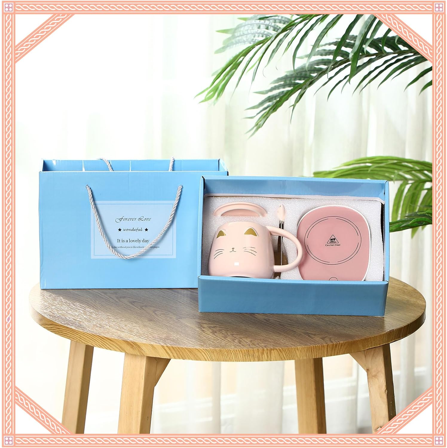 Reallnaive Cat Coffee Cup Coffee Warmer with Mug for Women Electric Mug Heater Temperature Control Ceramic Cute Cat Warmer for Office Valentine' Day Birthday Gift(Pink)