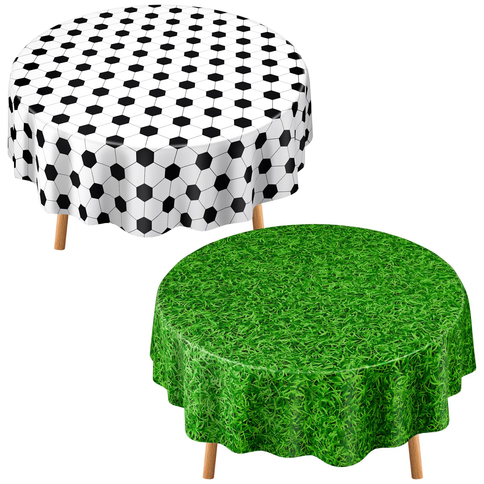 Funnymoom 2 Pack Round Soccer Tablecloth 84 Inch Plastic Soccer Grass Party Decorations Disposable Grass Table Cloth Washable Disposable Circle Table