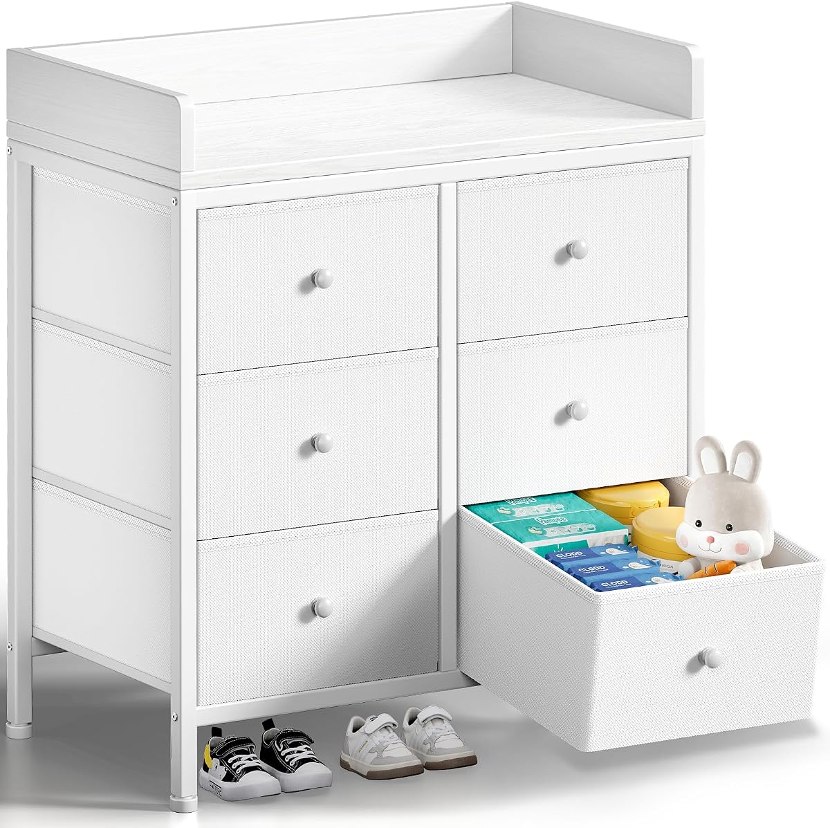 Cómoda para cambiar pañales para bebés, estación superior para cambiar pañales con 6 cajones de tela y almacenamiento para guardería moderna, color blanco