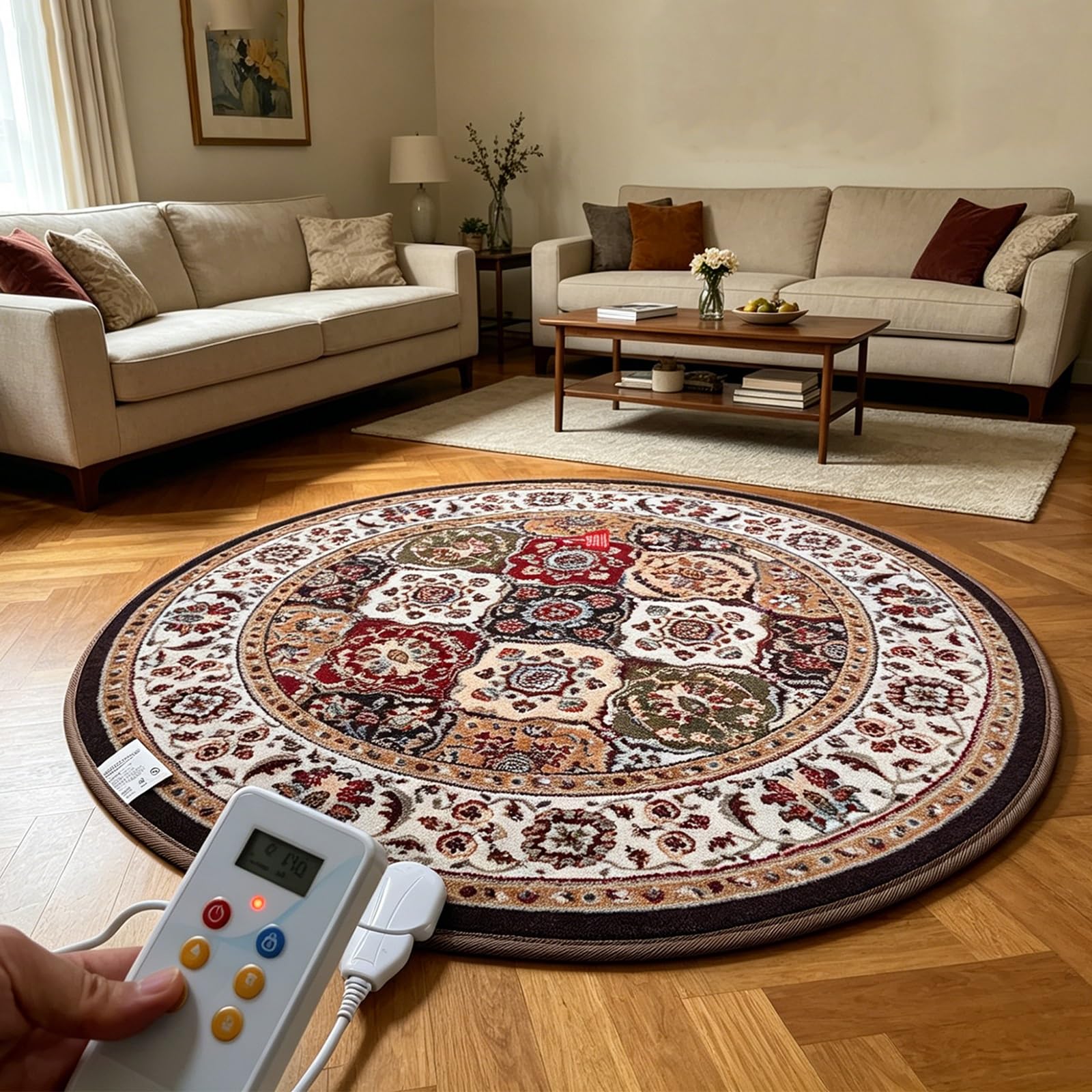Alfombra eléctrica calefactable de grafeno, redonda, de 120 cm (47,24 pulgadas), estilo vintage, con temperatura ajustable, calentamiento rápido y suave. Ideal para cama, sofá u oficina