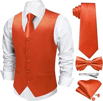 DiBanGu Mens Suit Vest and Tie Set 6PCS Solid Satin V-Neck Formal Vest Waistcoat with Bow Tie for Party Wedding Tuxedo