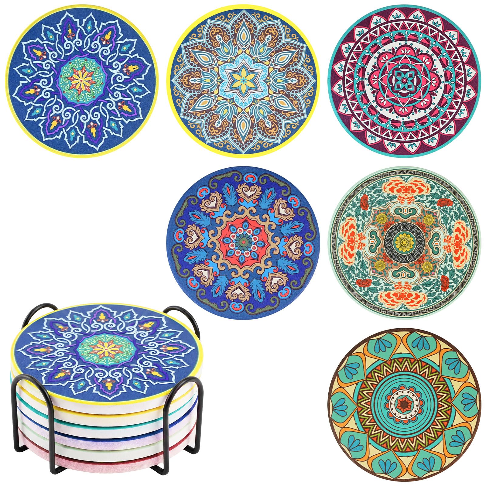 Mandala Coasters Set of 6, Ceramic Round Drink Coasters with Holder Absorbent Drink Coaster Set with Non-slip Cork Base & Ceramic Stone Cup Pad for Cups Mug Wine Glass Home Kitchen & Bar