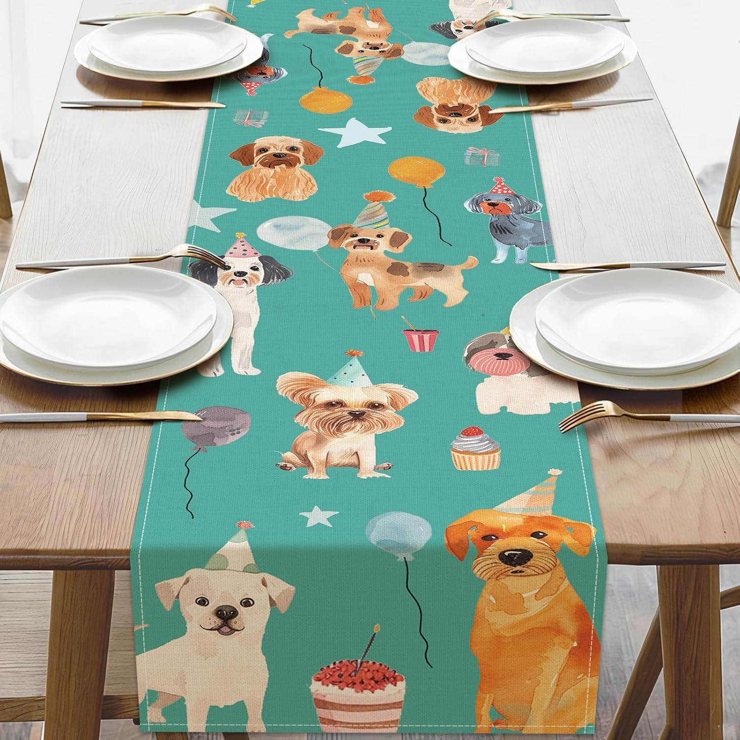 Watercolor Dog Kids Happy Birthday Dining Table Runner, Green Balloon