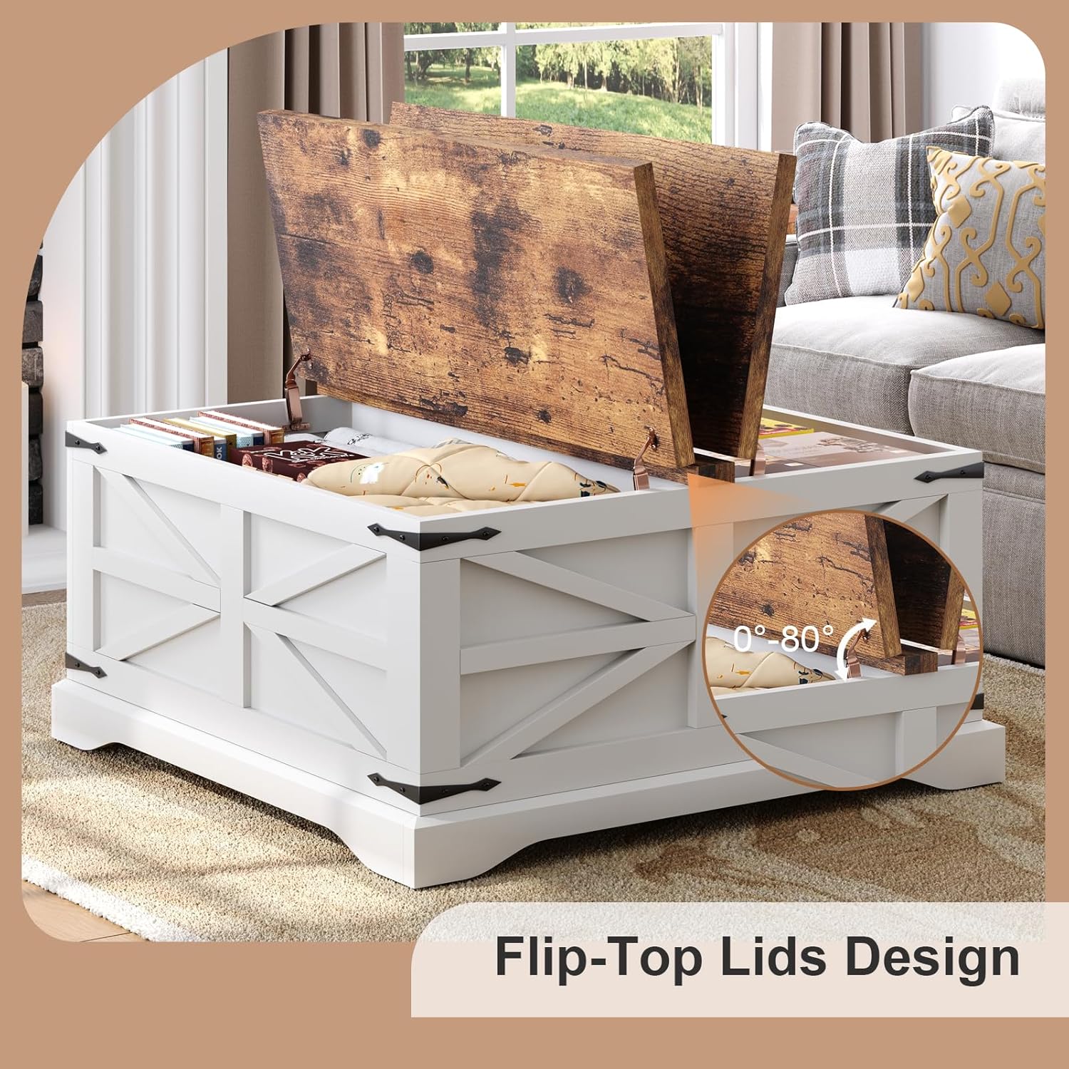 MXV Farmhouse Coffee Table with Storage, Square Coffee Tables for Living Room, Rustic Wood Center Table with Hinged Lifting Tabletop for Home, White