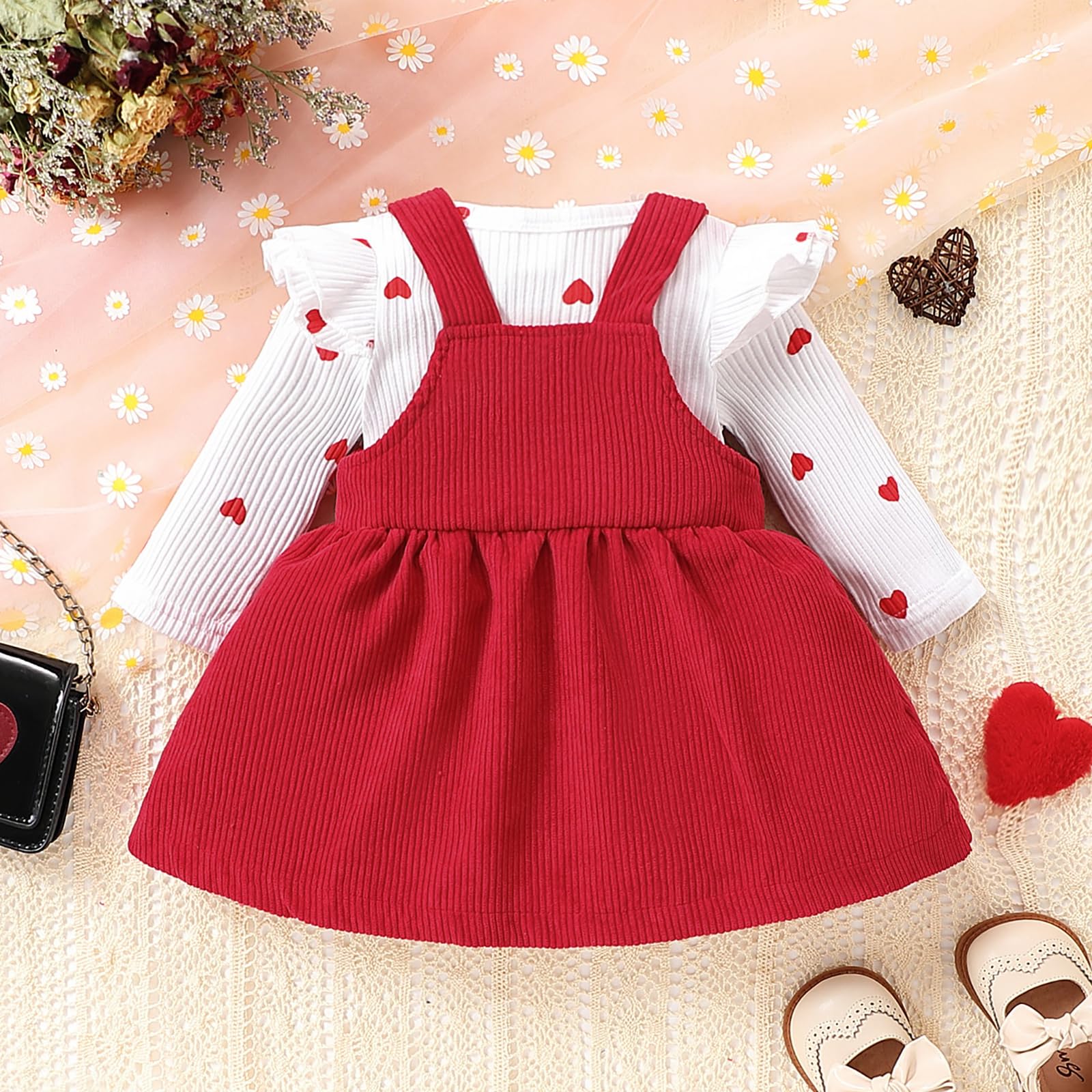 Vetement Bebe Fille Naissance Ensemble Bebe Fille Manches Longues à Volants Imprimé d'amour Body + Robe Bébé Filles Cadeau Naissance Filles Tenue Noel Bébé 0-18 Mois