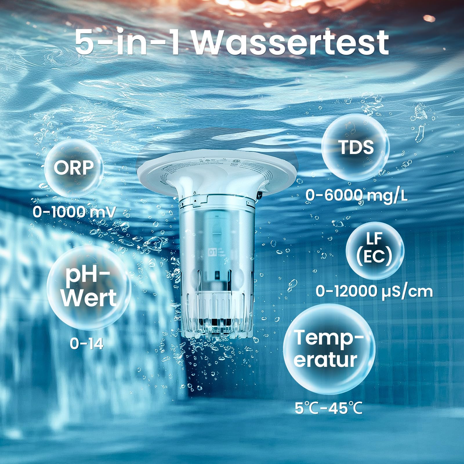 AIPER HydroComm Pro Pool Wassertester Digital – Smart Pool Monitor mit App & Echtzeit-Verbindung zu Poolrobotern, 5-in-1 Wasseranalyse (pH, ORP, EC, TDS, Temperatur)