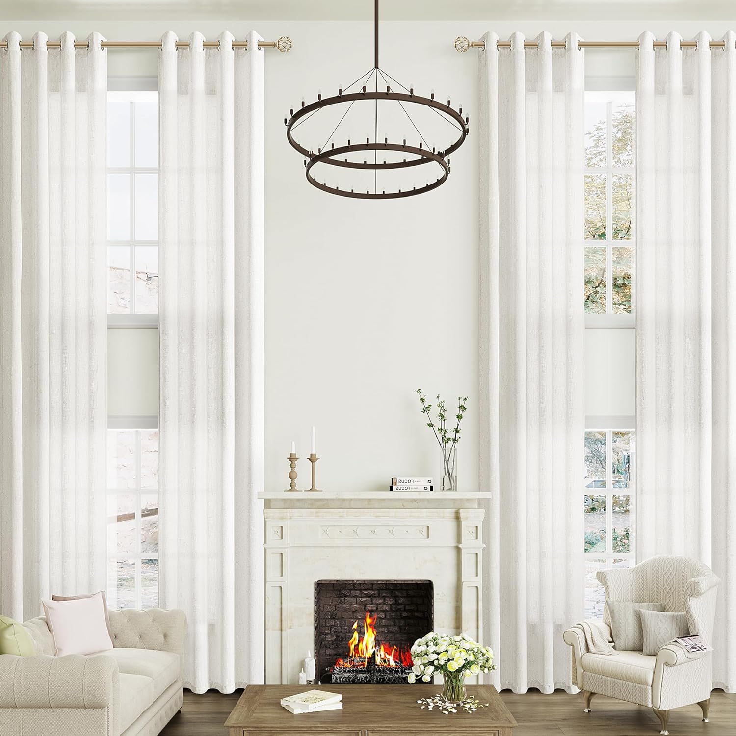 Guken Cream 204 Inch Extra Long Linen Curtains for High Living Room Grommet Modern Neutral Drapes Light Filtering Semi Sheer Curtain for Floor to Ceiling 2 Story Large Window 1 Panel, W52xL204