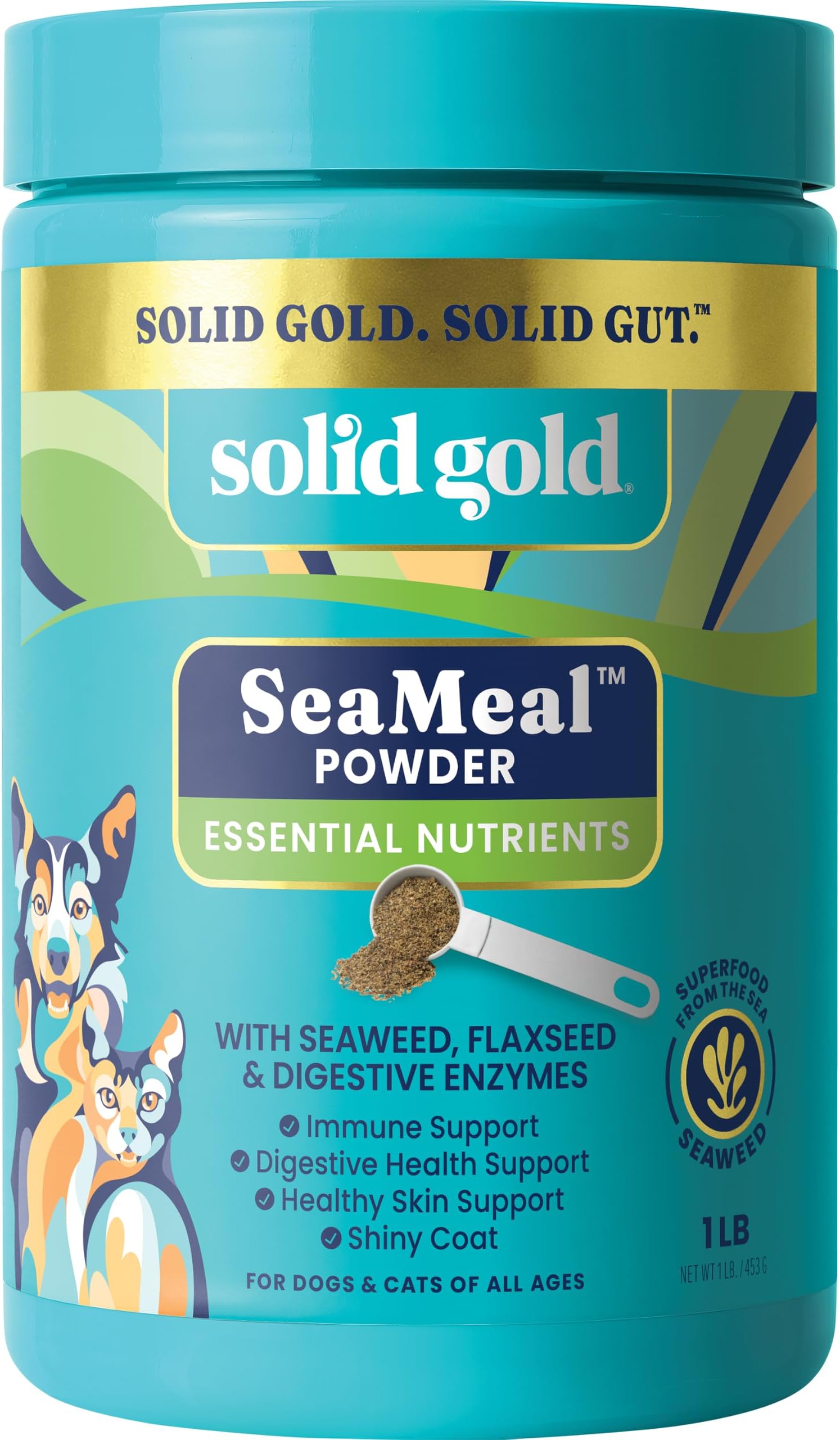 Solid Gold Cat & Dog Multivitamin Powder - Kelp Powder, Omega 3 & Vitamins for Dental, Digestive, Immune, Skin & Coat Health - Multi Vitamin for Dogs & Cats - Cat & Dog Food Additive Supplement - 1lb