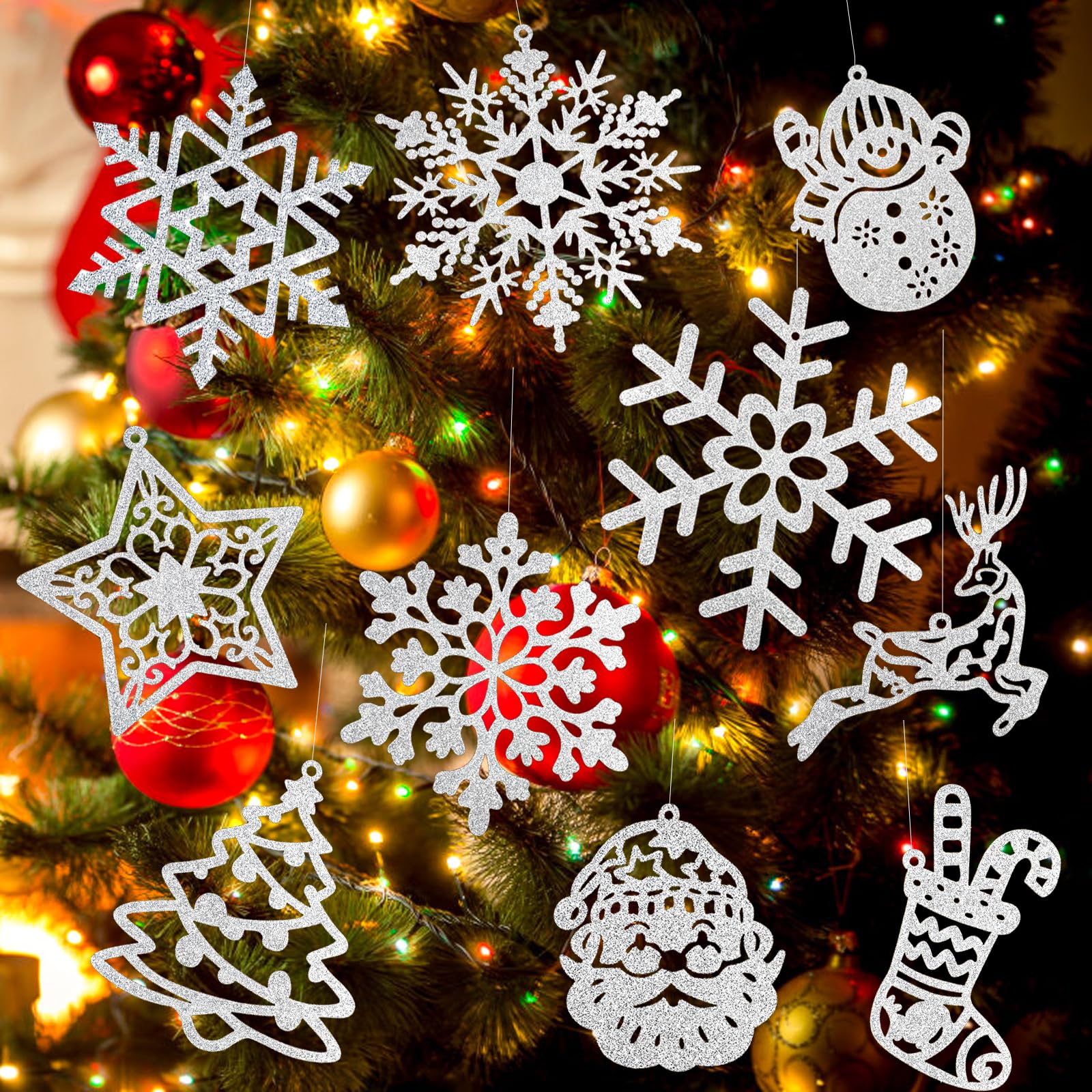 Photo 1 of LOMIMOS 40PCS Silver Christmas Tree Hanging Ornament, Glitter Snowflake Snowman Reindeer Santa Stocking Decoration for Xmas Tree Holiday New Year Winter Wonderland Party Supply