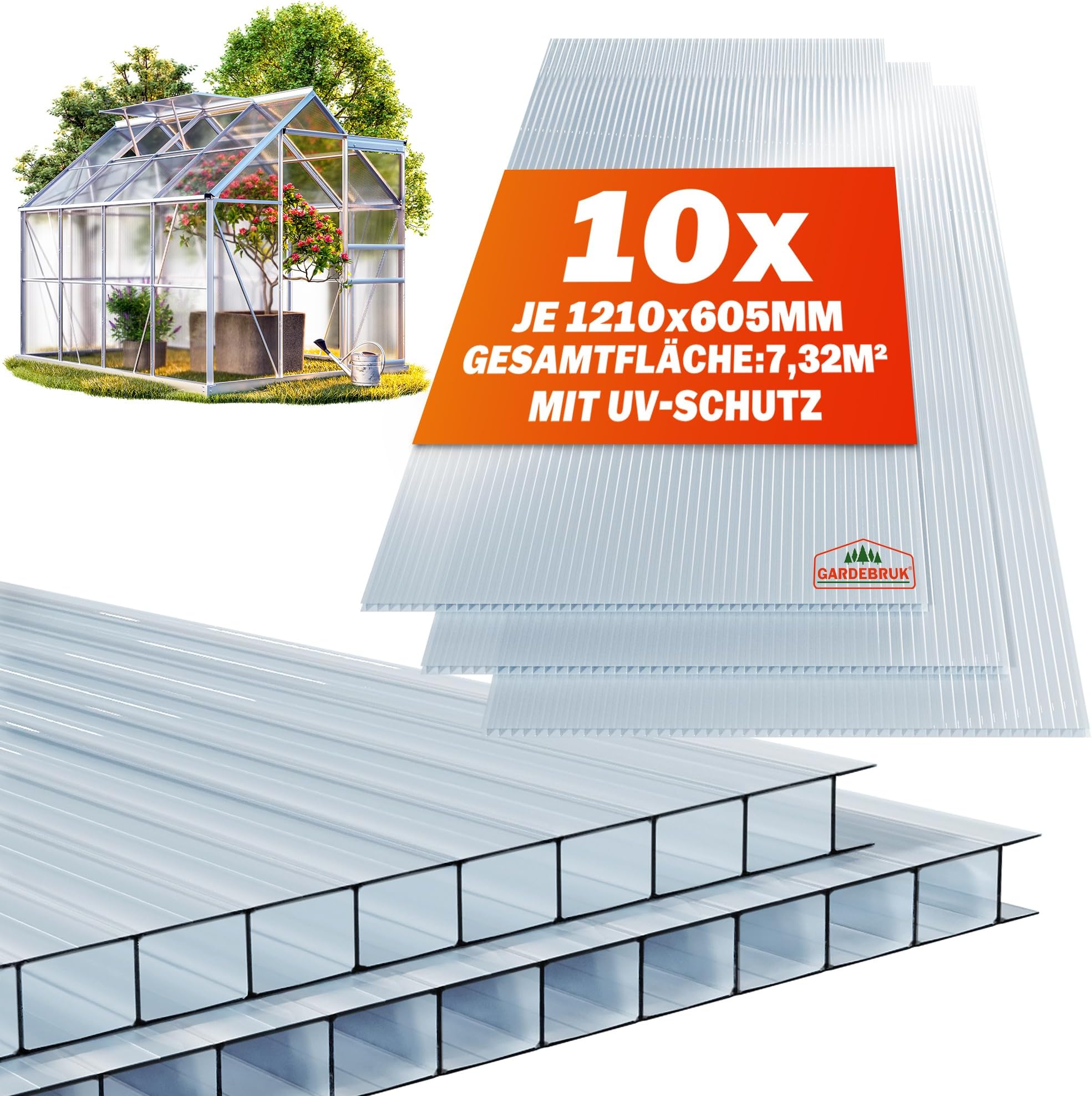 GARDEBRUK® 10 x Polycarbonate Sheets 6 mm 121 x 60.5 cm Cuttable 7.3 m² Transparent Roofs