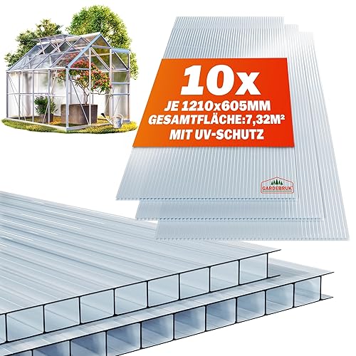 GARDEBRUK® 10x Doppelstegplatten 6mm Zuschneidbar 121x60,5cm Polycarbonat 7,3m² UV-beständig Klar