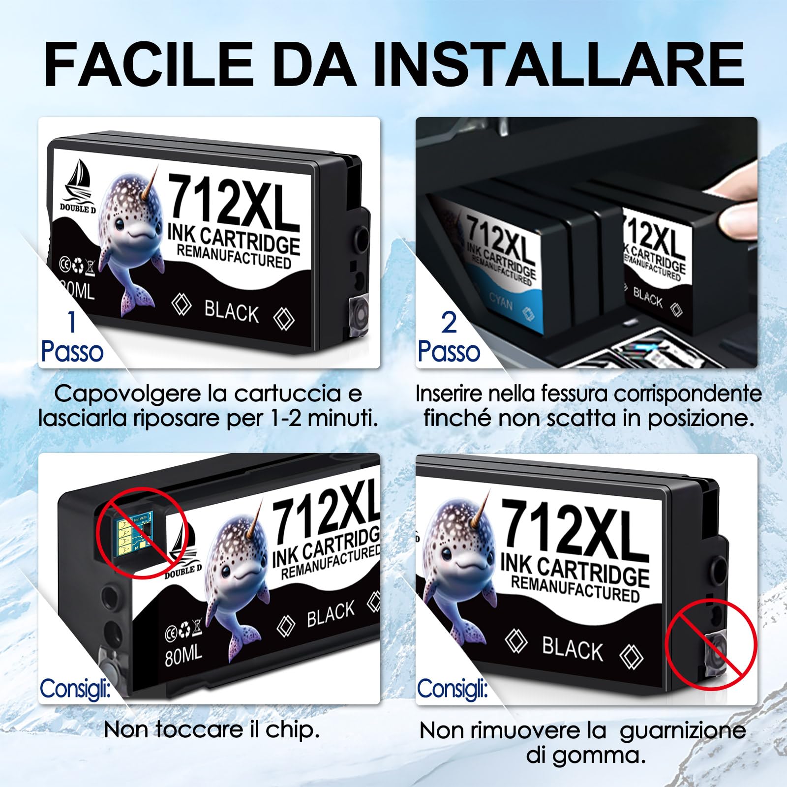 DOUBLE D 712 XL per HP 712 3ED70A 3ED71A 3ED67A 3ED68A 3ED69A Cartucce d'inchiostro Compatibile con HP DesignJet T650 T630 T230 T250 T210 (1BK/1C/1M/1Y,4 Pack)