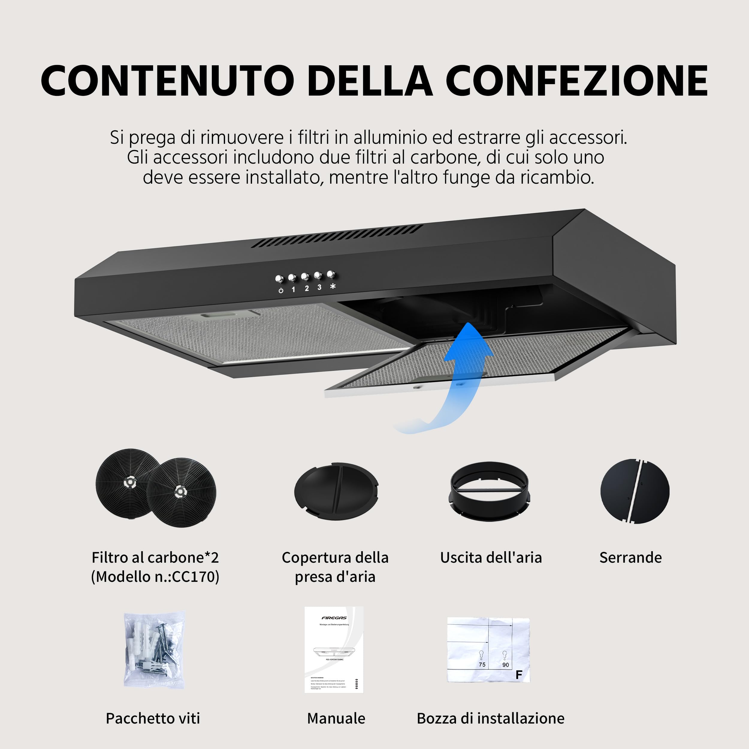 FIREGAS Cappa Aspirante 60 cm, Classe A++ Motore Brushless, Scarico Posteriore o Superiore, Cappa Cucina Sottopensile Silenziosa con 2 Filtri a Carbone Inclusi, LED 2W, Nero
