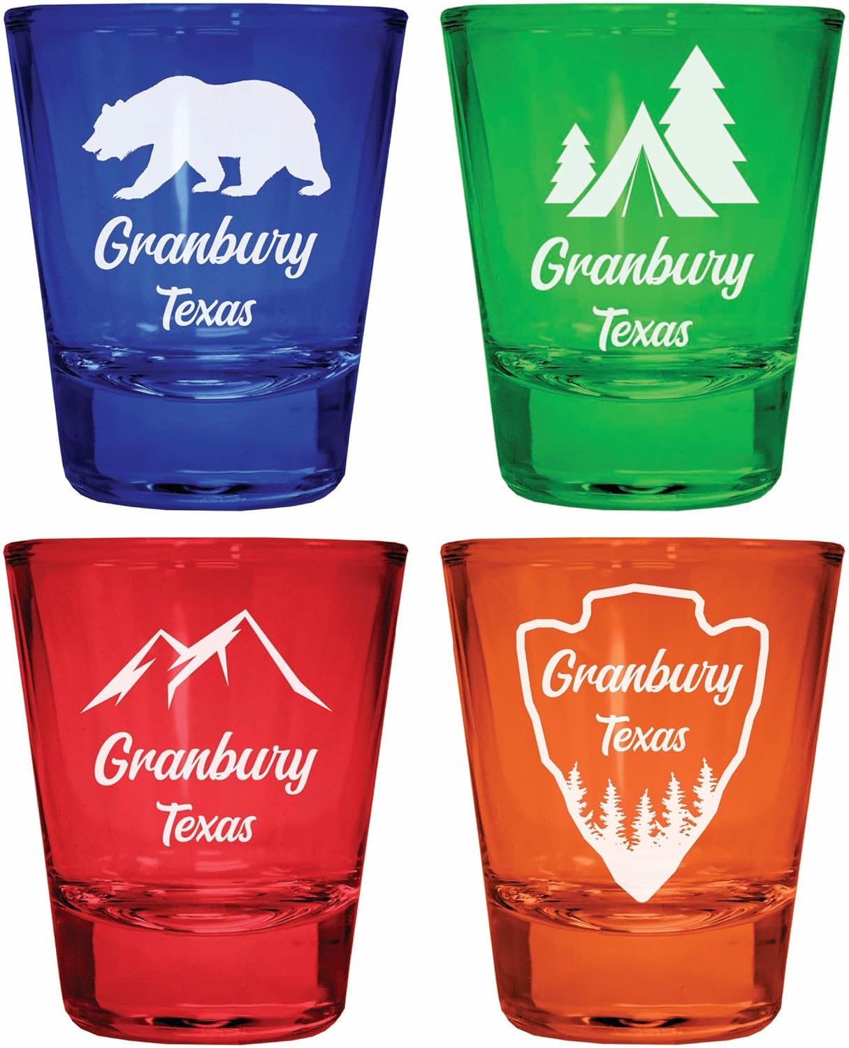 Juego de 4 Vasos Tequileros Grabados Multicolor Granbury Texas