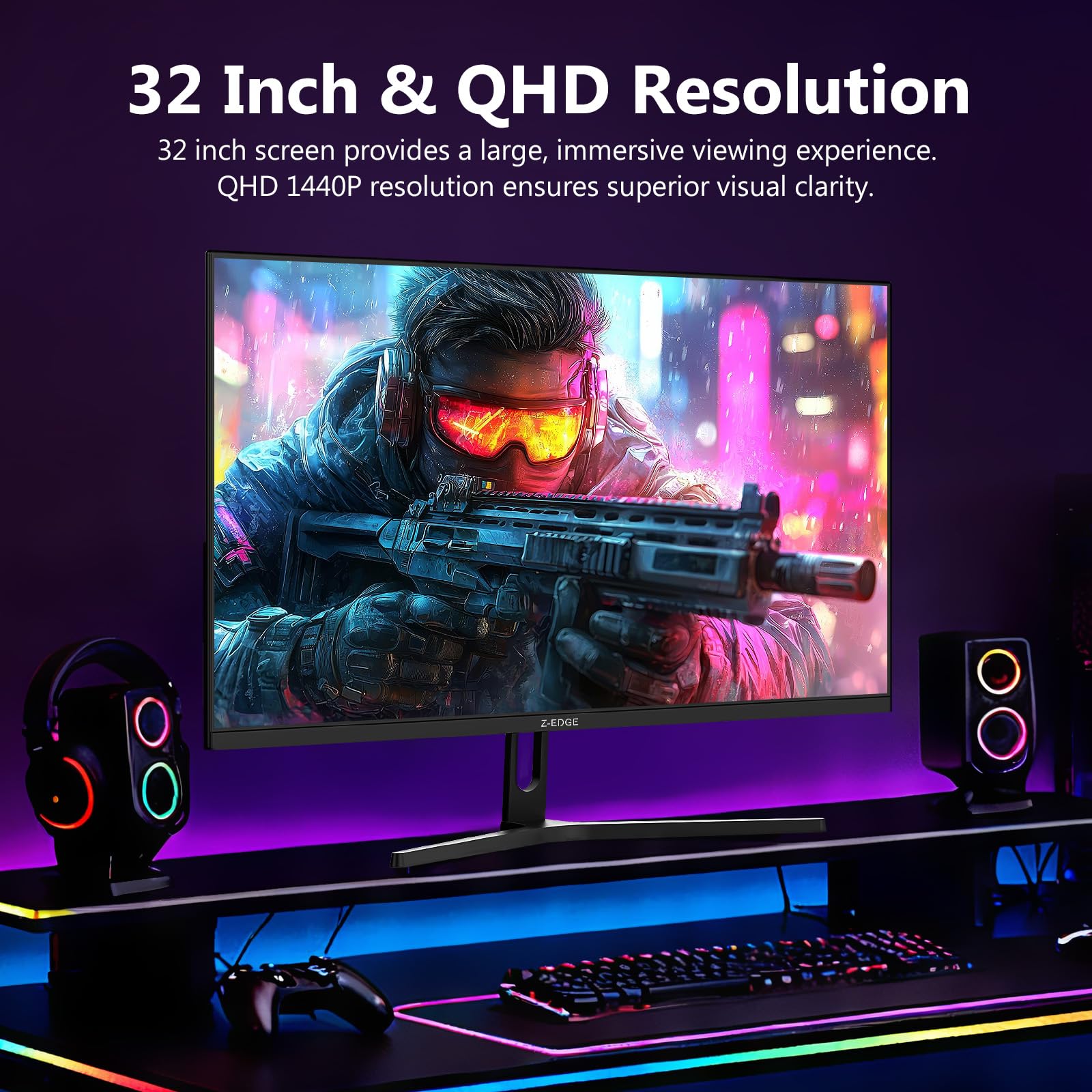Z-Edge Ecran Gaming 32 Pouces QHD 200Hz 2K 2560x1440, 1ms MPRT, Panneau IPS, Luminosité 300 CD/m², FreeSync, Réticule, DP1.4 (200Hz) & HDMI2.0 (144Hz), Compatible VESA, Noir