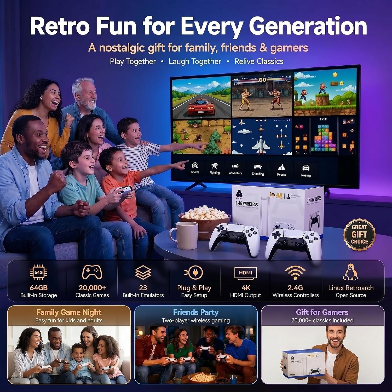 Retro Gaming Console Stick, Video Games Stick Built-in 23 Emulators Console Projector, 40000+ Game System with 4K HDMI, Plug and Play TV Video Game Stick with Controllers (White) 7