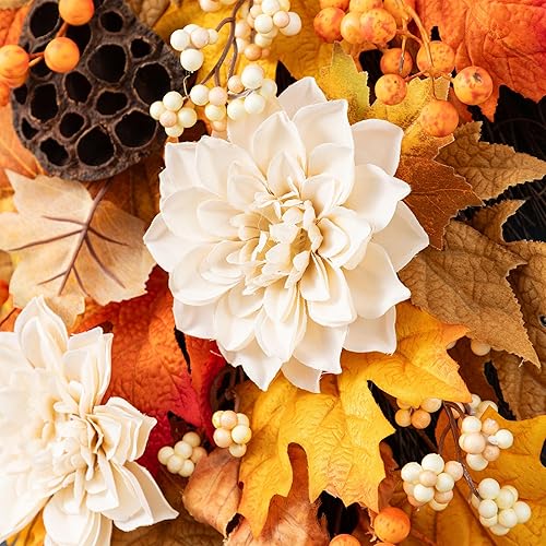 Miniatura 7 de Glitzhome Lazos de lágrima de otoño para puerta delantera, 28 pulgadas de alto, con loto, vaina de loto y bayas, festones de otoño para puerta