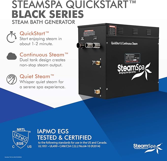 SteamSpa Generator with Quick Start Continuous Steam Technology, Wi-Fi, Bluetooth and Autodrain | 12kW Steam Generator with Brushed Nickel Steam Head with Aromatherapy Reservoir | SS-RVB1200BN-A