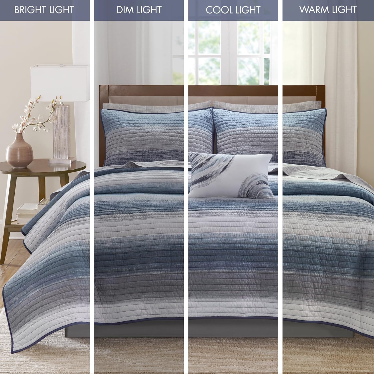 Madison Park Essentials Saben Cozy Bed in A Bag Reversible Quilt with Complete Cotton Sheet Set-Geometric Design All Season Cover, Decorative Pillow,King(104"x92"), Stripes Navy 8 Piece