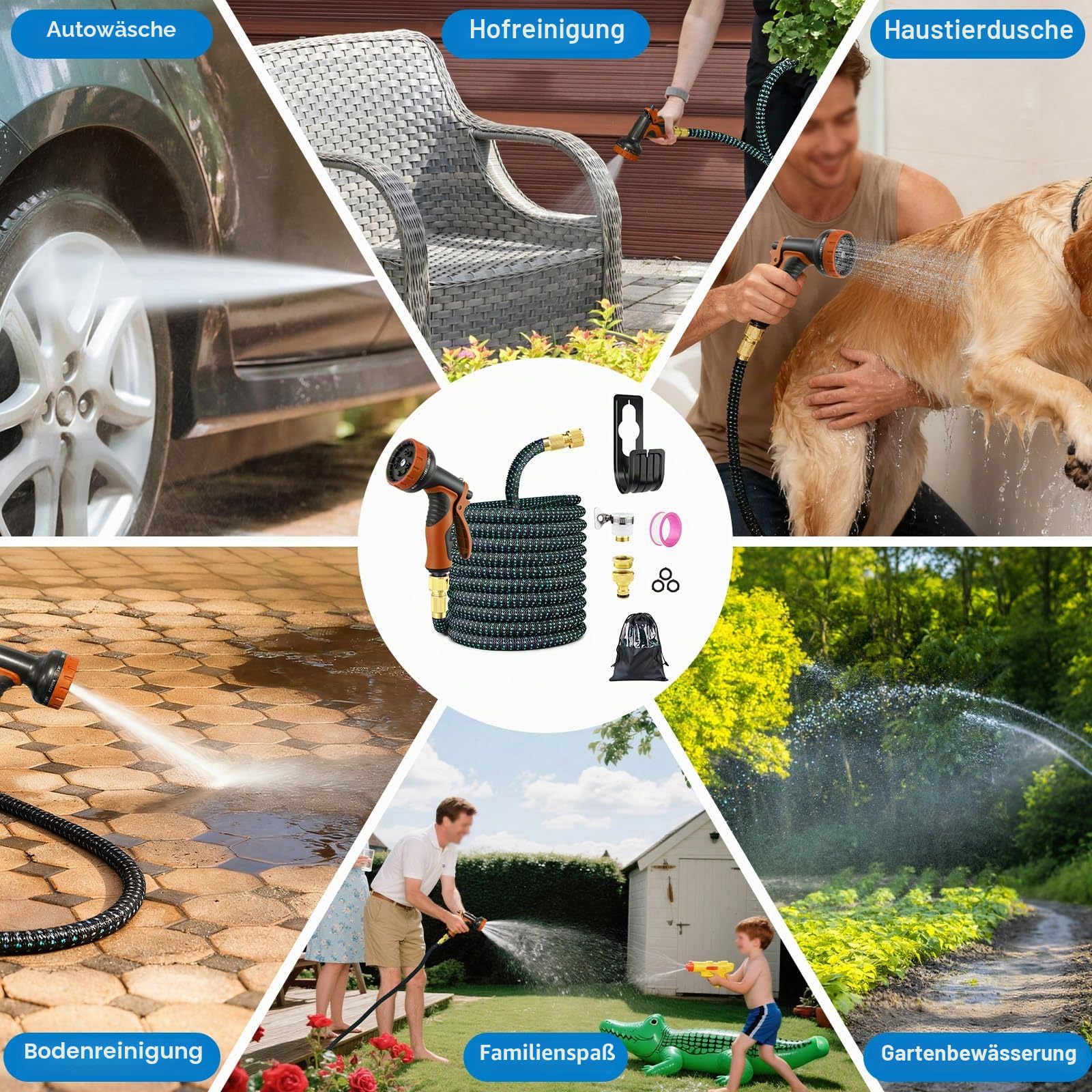 Flexibler Gartenschlauch 74FT/22,5M - Strapazierfähiger Wasserschlauch Flexibel mit 10-Funktions Gartenbrause, 1/2 Zoll, 3/4 Zoll Schlauchadapter, Gartenschlauch für Autowäsche Garten Haustier