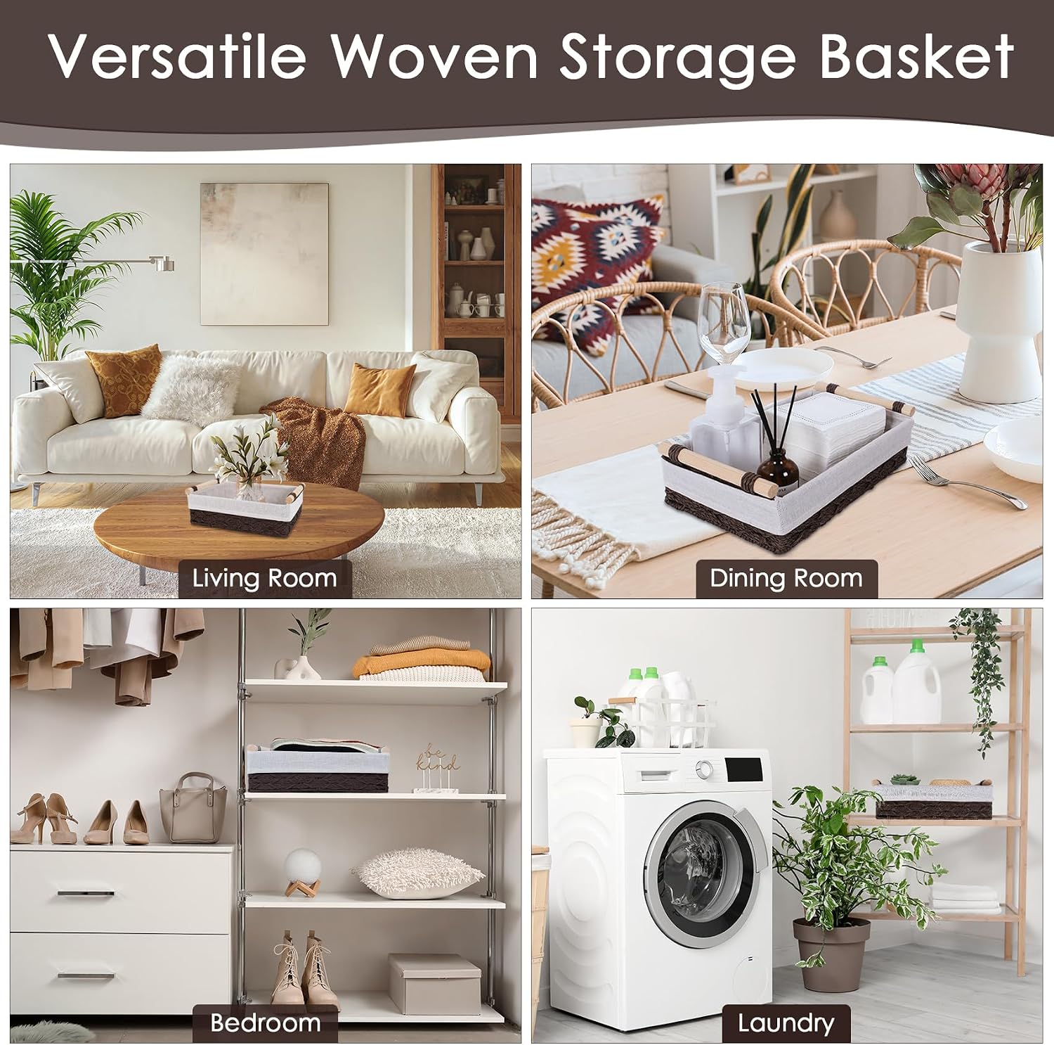 Wicker Storage Basket with Wooden Handle – Paper Rope Decorative Toilet Paper Baskets & Bathroom Organizer for Toilet Tank Top, Shelves, Bedroom, Countertop,Home,Office Storage Bins, 2 Pack,Brown