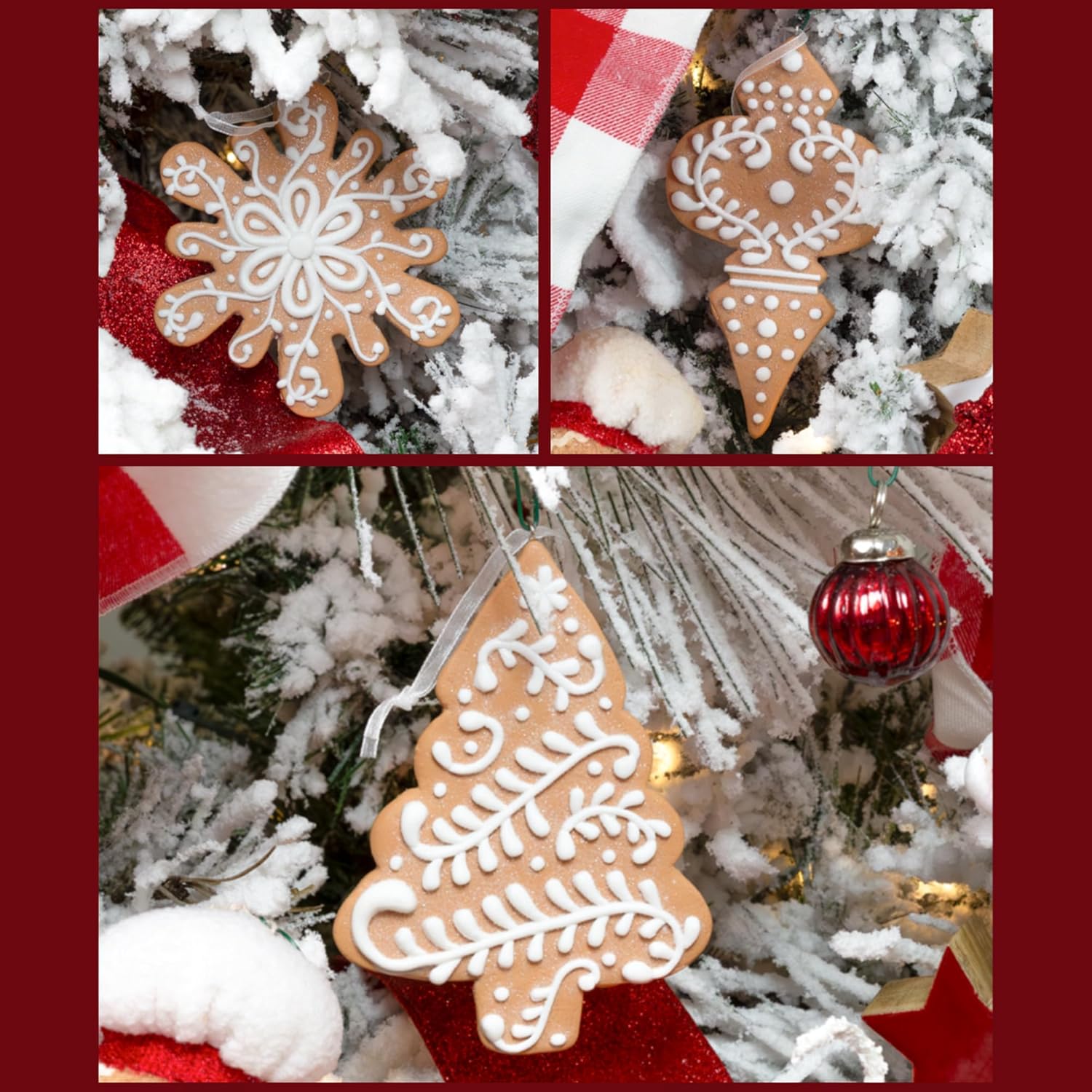 AuldHome Design Gingerbread Cookie Christmas Ornaments (Set of 12); Large Tree, Snowflake and Finial Shaped Holiday Cookie Decorations, 4-5 Inch Size - Image 2