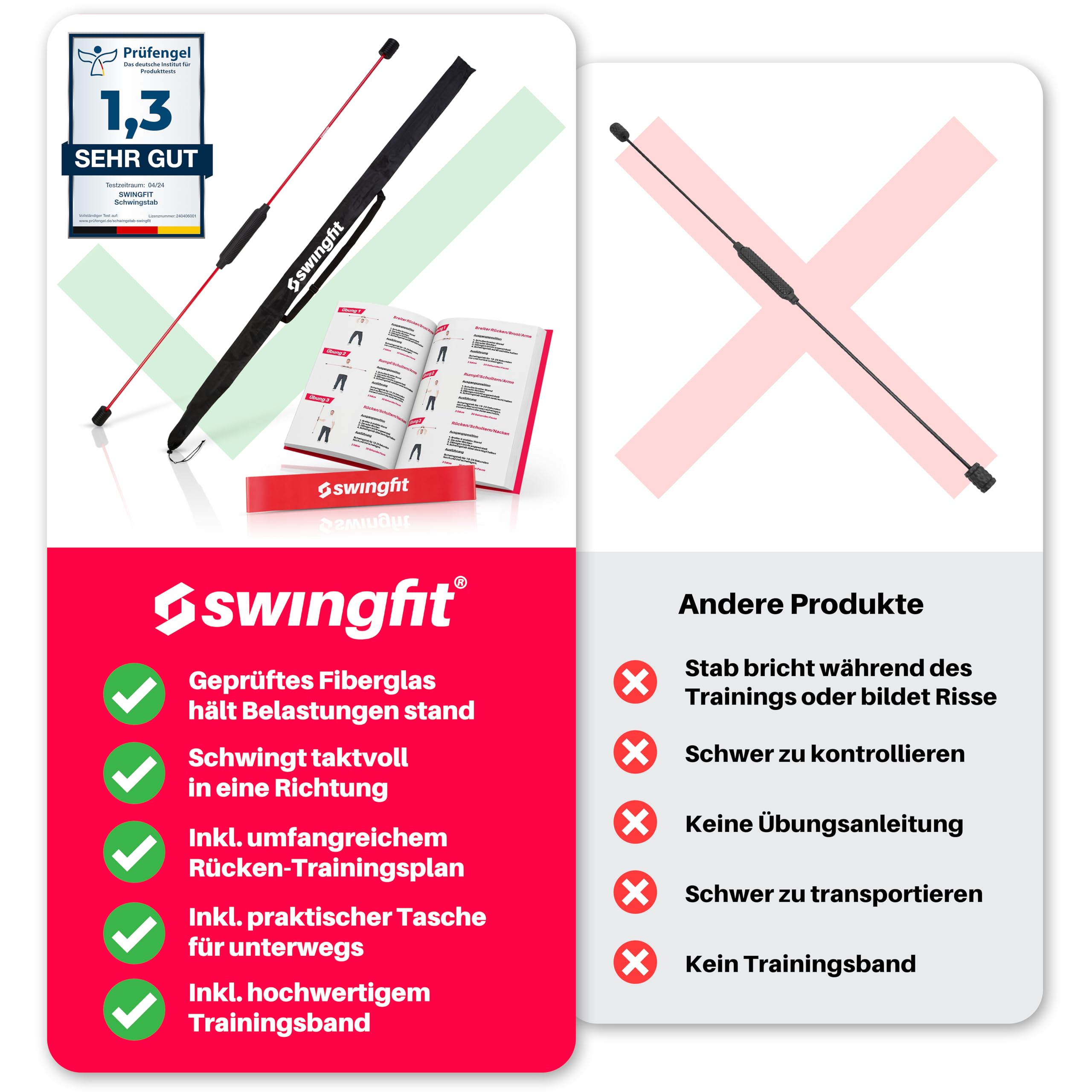 Schwingstab [inkl. Tasche, Band & Trainingsplan] - Von Therapeuten empfohlen Swingstick - Gymnastik Schwungstab für Tiefenmuskulatur