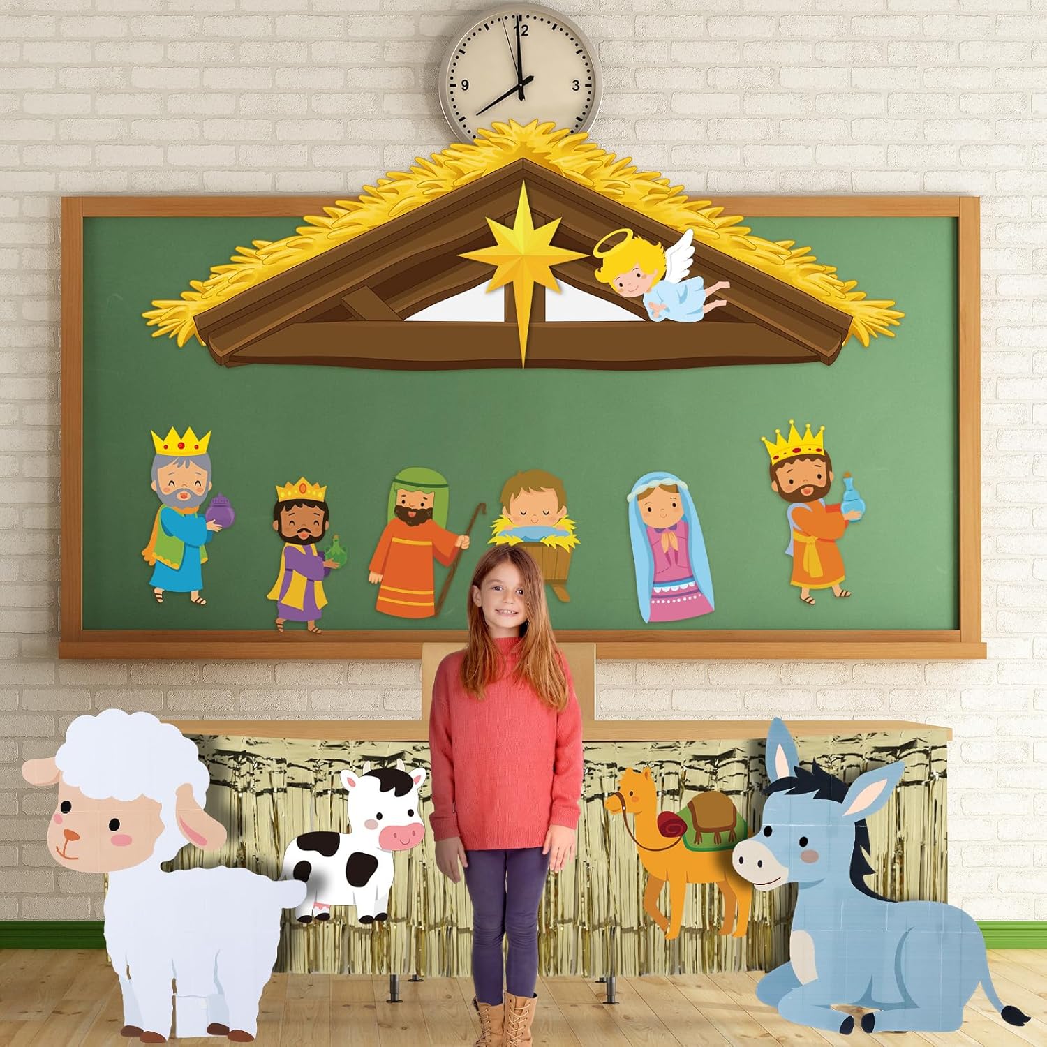 Christmas Nativity Bulletin Board Decor Donkey Sheep Cardboard Cutout Stand Ups Christian Nativity Scene Decorations for Christmas Sunday School Classroom Garage Door Decor Church Event
