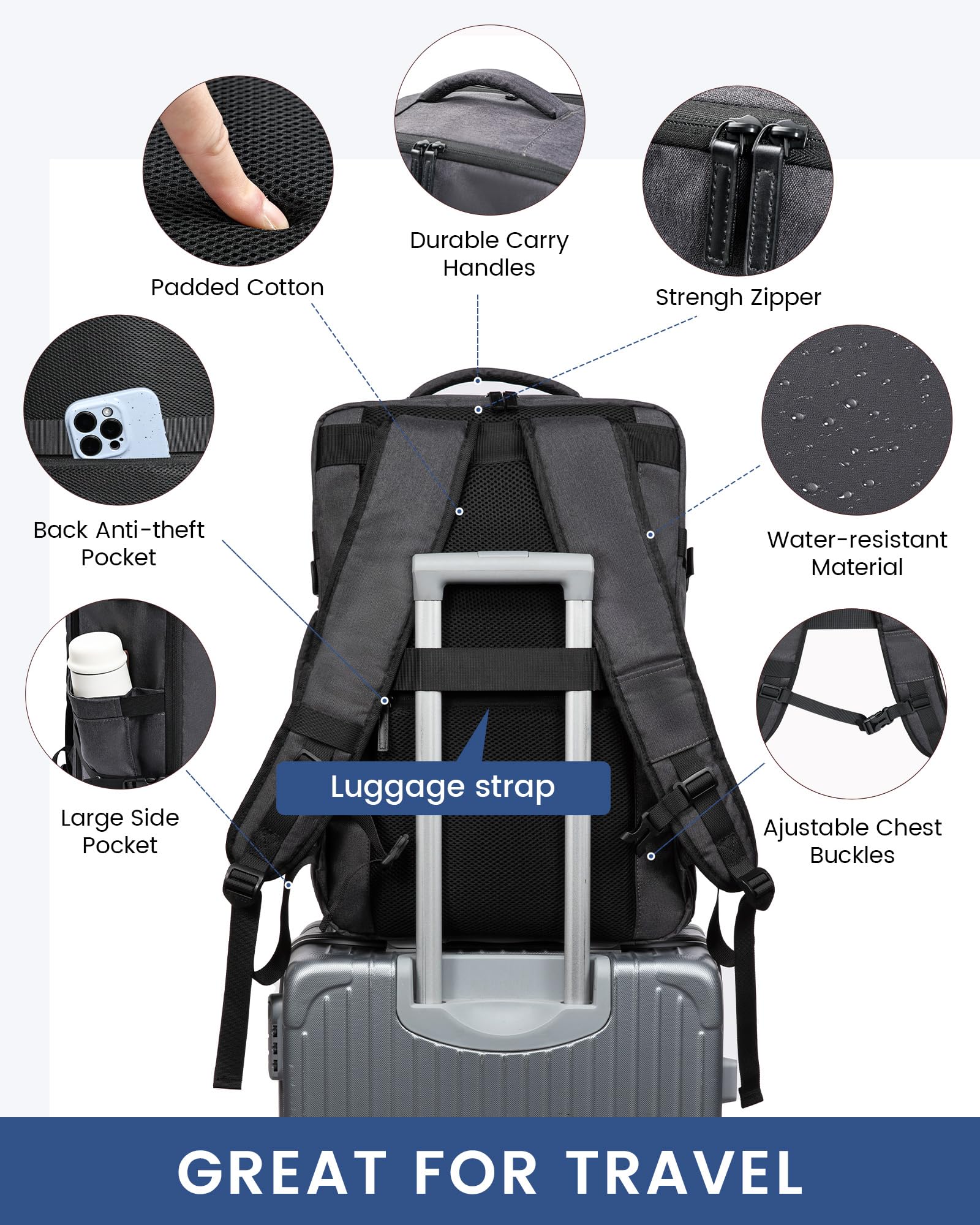LOVEVOOK Mochila de Viaje para Avión, Equipaje de Mano, Bolsa para Cabina para Vuelos, Mochila de Viaje para Mujer y Hombre, Mochila Porta PC para Escuela, Trabajo, Senderismo, gris oscuro, 18 Pollici