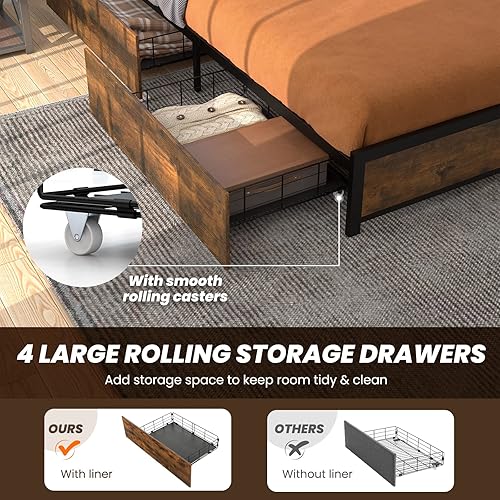 Miniatura 61 de Giantex Base de cama tamaño Queen con 4 cajones, base de cama de plataforma metálica industrial con estribo, agujeros reservados para cabecera, base