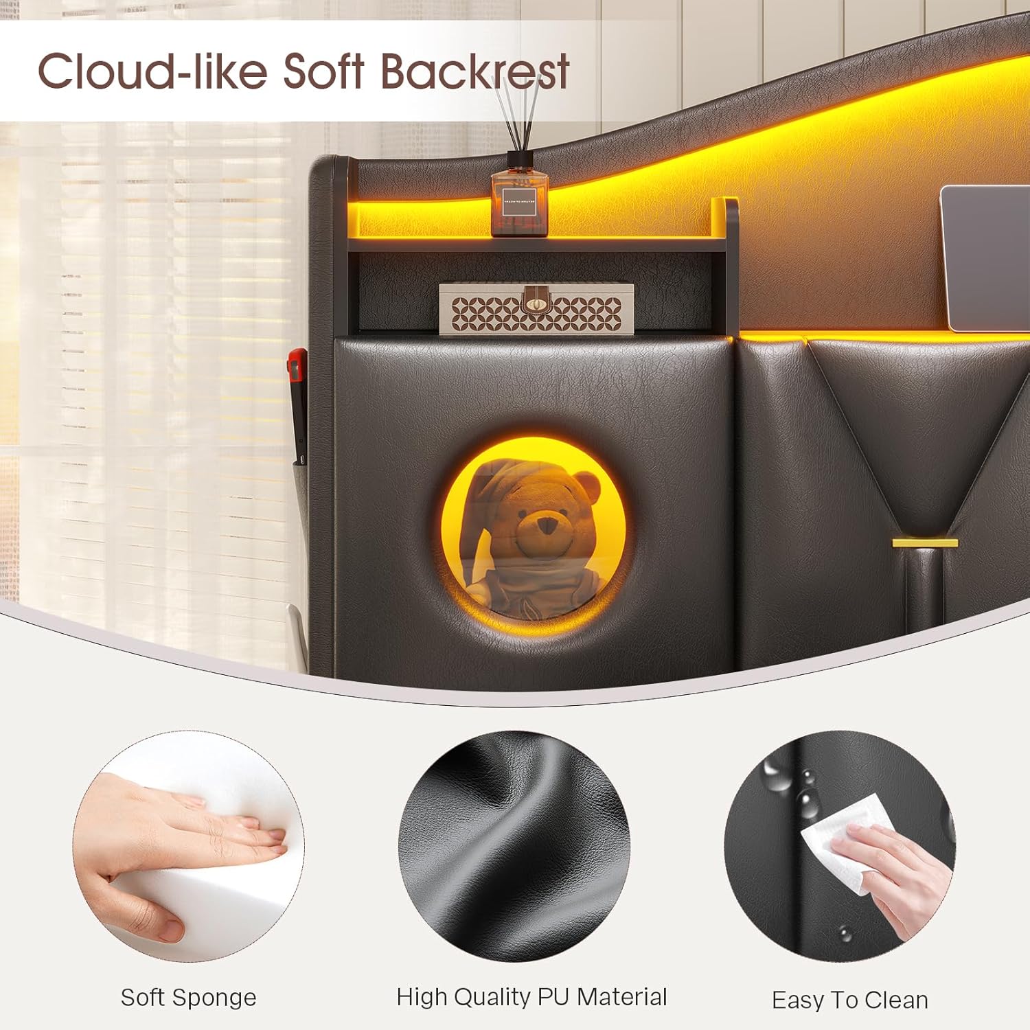 Queen Bed Frame with 6 Storage Drawers,Platform Bed Frame Queen Size with Headboard,LED Lights&Charging Station,Queen Bed with Metal Support, Noise-Free,No Box Spring Needed,Easy Assembly,PU Black