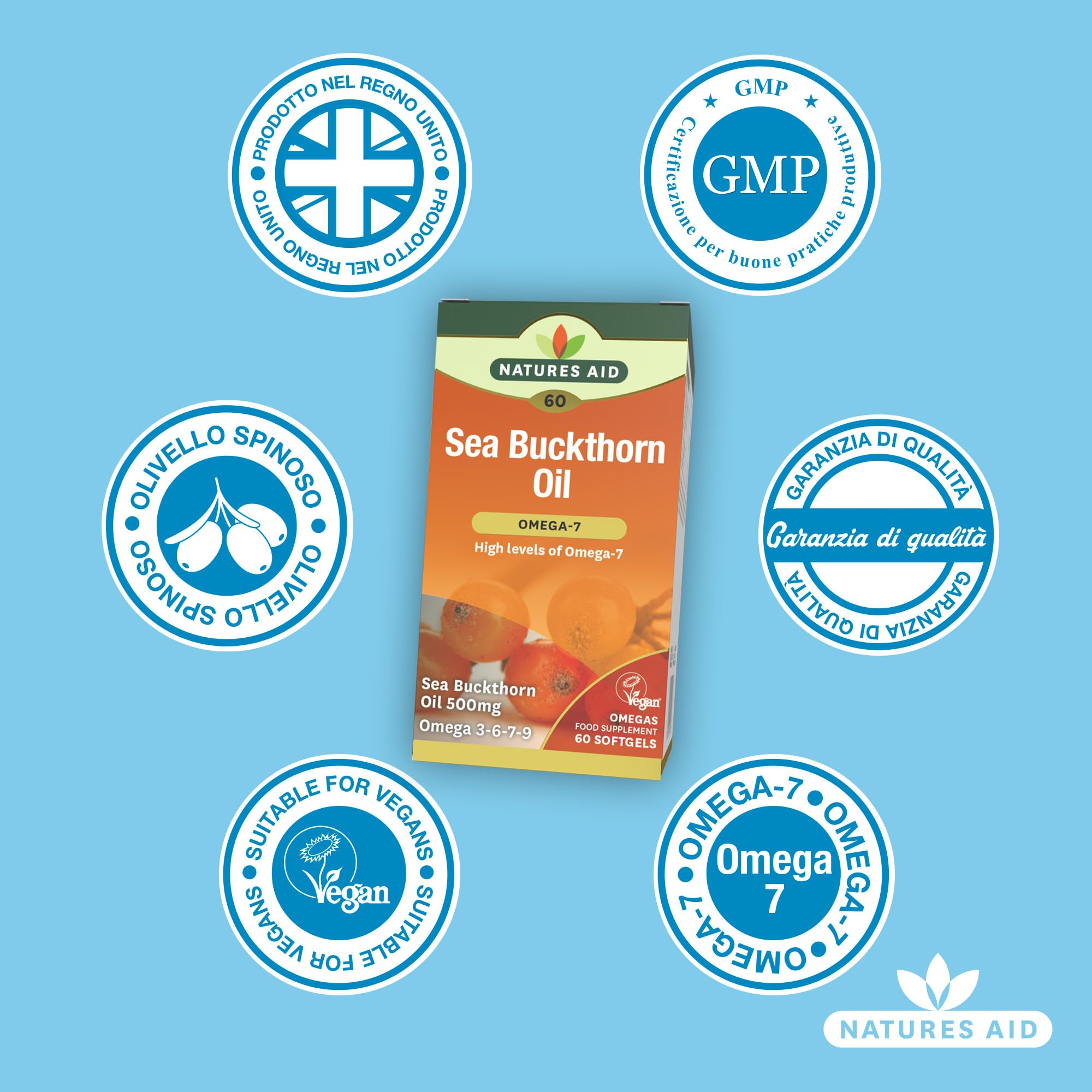 Natures Aid 100% Pure Omega-7 Sea Buckthorn Oil 500mg 60 Vegetarian Softgels