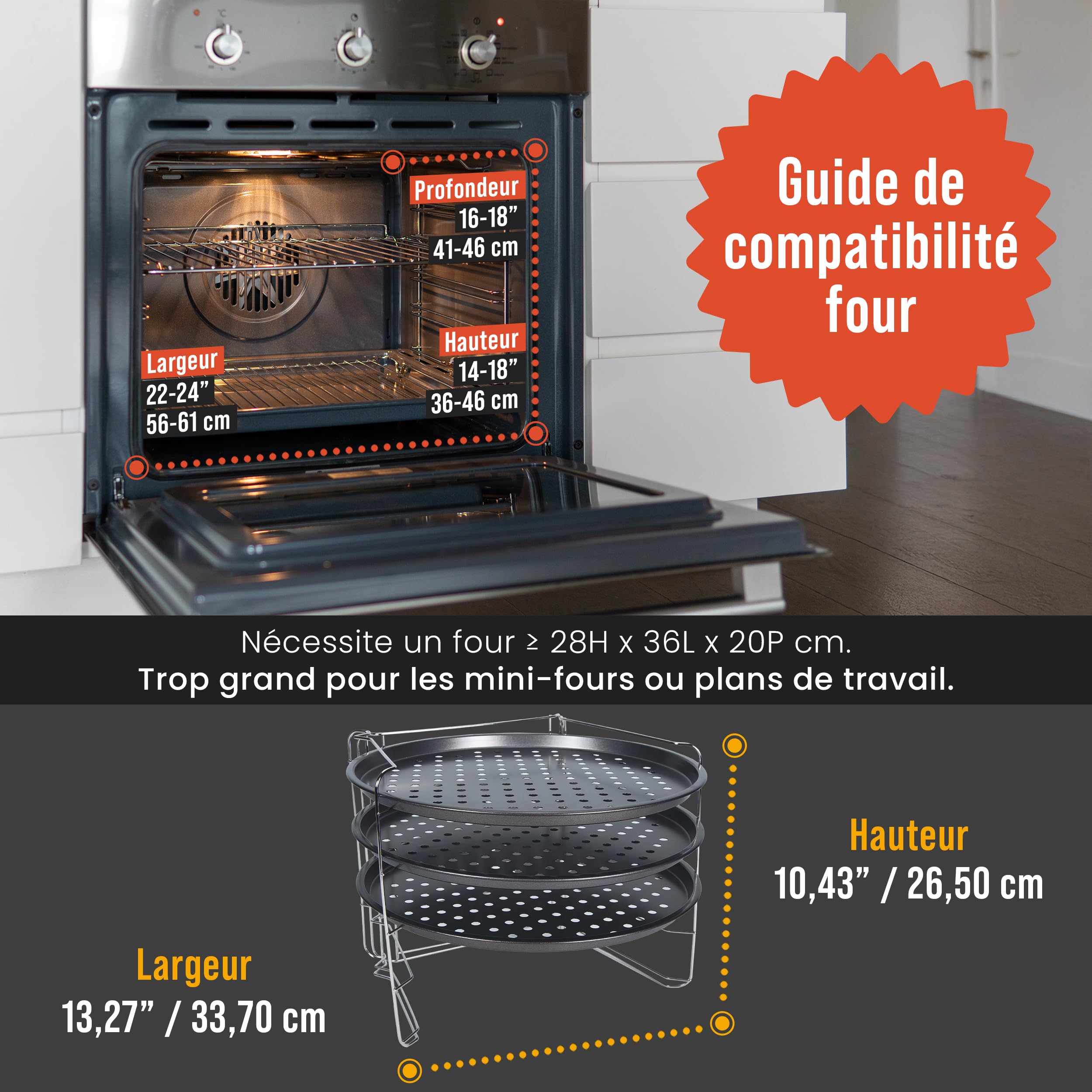 Chef Pomodoro Plaques à Pizza Antiadhésifs - Ensemble De Cuisson à Pizza Avec 3 Poêlles à Pizza Et 1 Grille de Support Pizza Four - Assiette Pizza Inox Pour Four, Grill, Barbecue (33 cm)