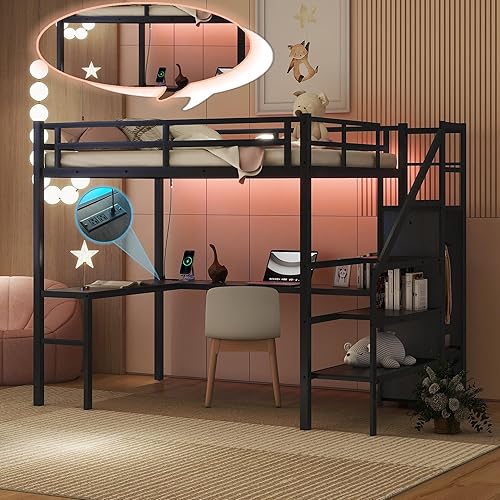 Linique Full XL Size Gaming Loft Bed with L-Shaped Desk, LED and Charging Station, Metal Loft Bed with Wardrobe and Adjustable Shelf for Kids Teens Adults, Black