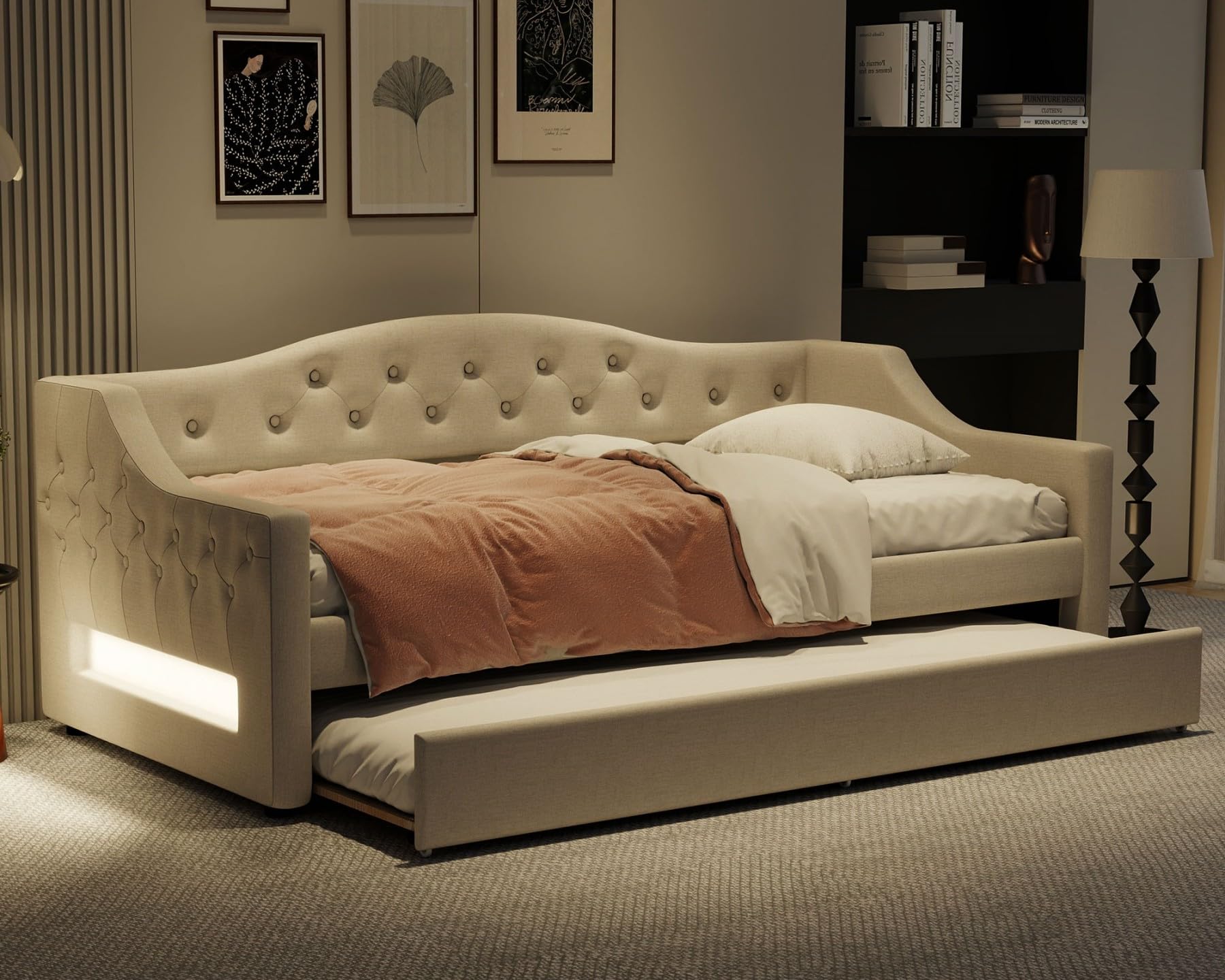 Photo 1 of Merax Twin Size Linen Corner Daybed with Trundle and LED Belt, Upholstered Headboard Captain Bed Frames for Small Room, Bedroom, Guest Room, Kids' Room, White