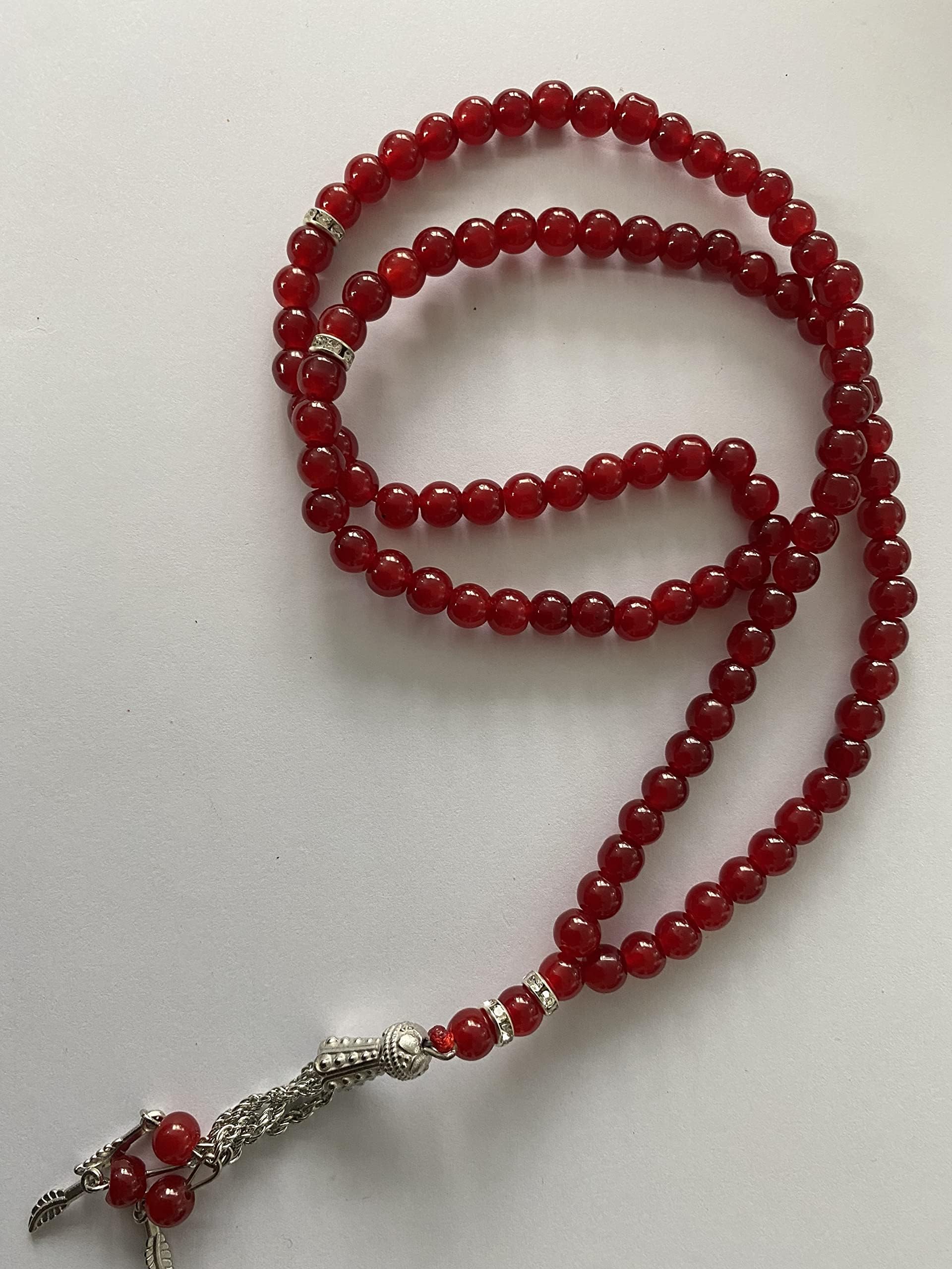 Glass 99 Prayer Misbah Rosary Islamic Beads Counter Spiritual Round Beads (Red)