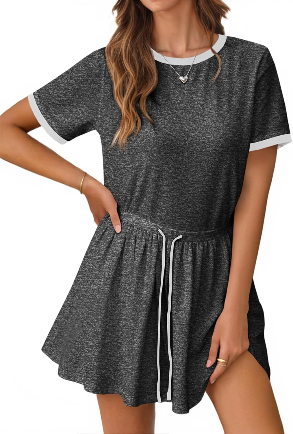 Fisoew Womens Casual Mini Dress Short Sleeve Crewneck Pleated Drawstring Loose Fit Summer T Shirt Dresses