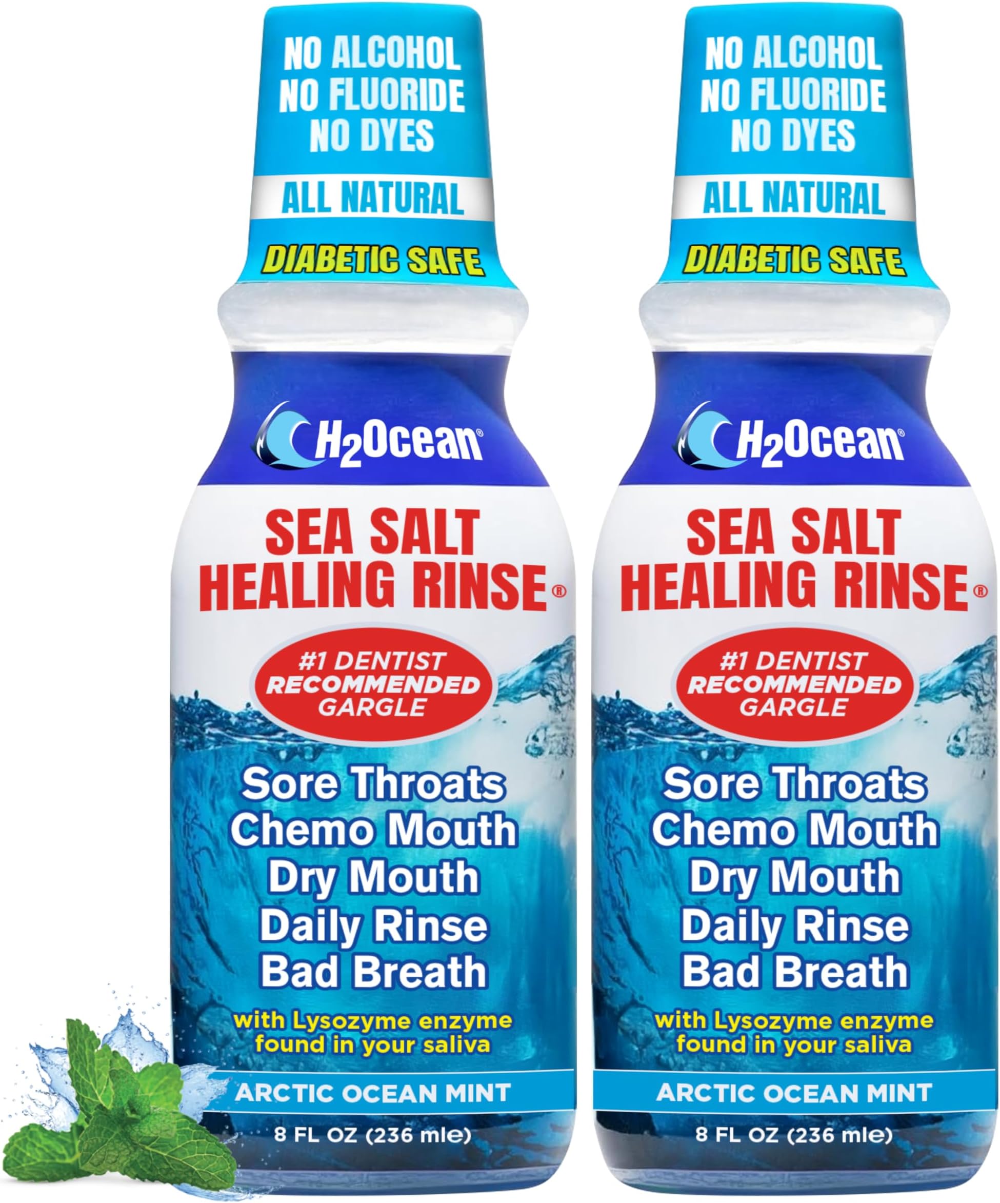 Healing Rinse Natural Sea Salt Whitening Mouthwash - Alcohol & Fluoride-Free Oral Care for Tonsil Stones, Sore Throats, Wisdom Teeth Recovery & Gum Health - Arctic Ocean Mint, 8 oz (Pack of 2)