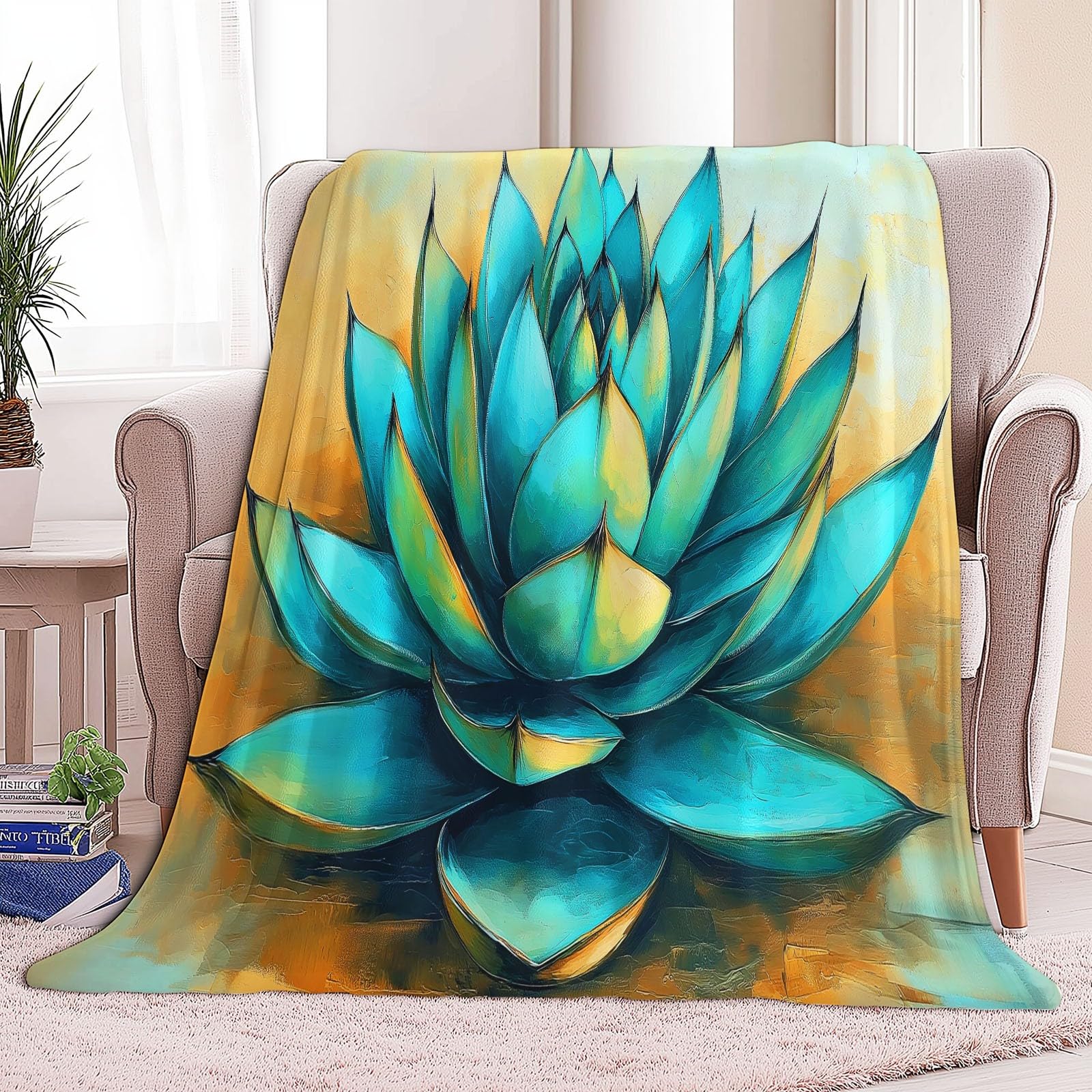 Genérico Manta Franela para Cama Turquesa, Ultra Suave Mantas Estampado Abstracto Planta Cactus De Agave para Sofa 220 x 240 cm - Cálida y Acogedora para Cama Sofá Oficina Coche Viajes Camping