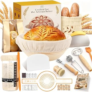 Sourdough Starter kit, Sourdough Bread Baking Supplies,Round and Oval Banneton Basket,Dough Whisk,Scrapers,Stencils,Complete Sourdough Starter Kit Gifts