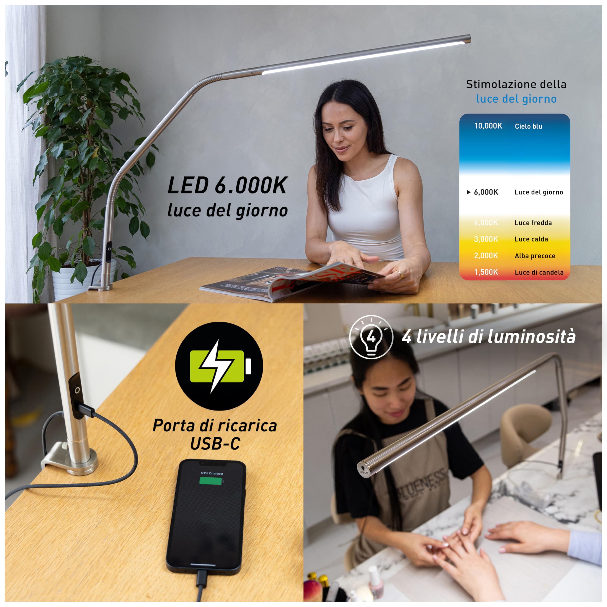 Lampada da tavolo Slimline 4™ LED in acciaio spazzolato – luce 6.000 K, 3.200 lux, 4 livelli, porta USB-C, diffusore antiabbagliamento, design flessibile, per arte, cucito, saloni unghie