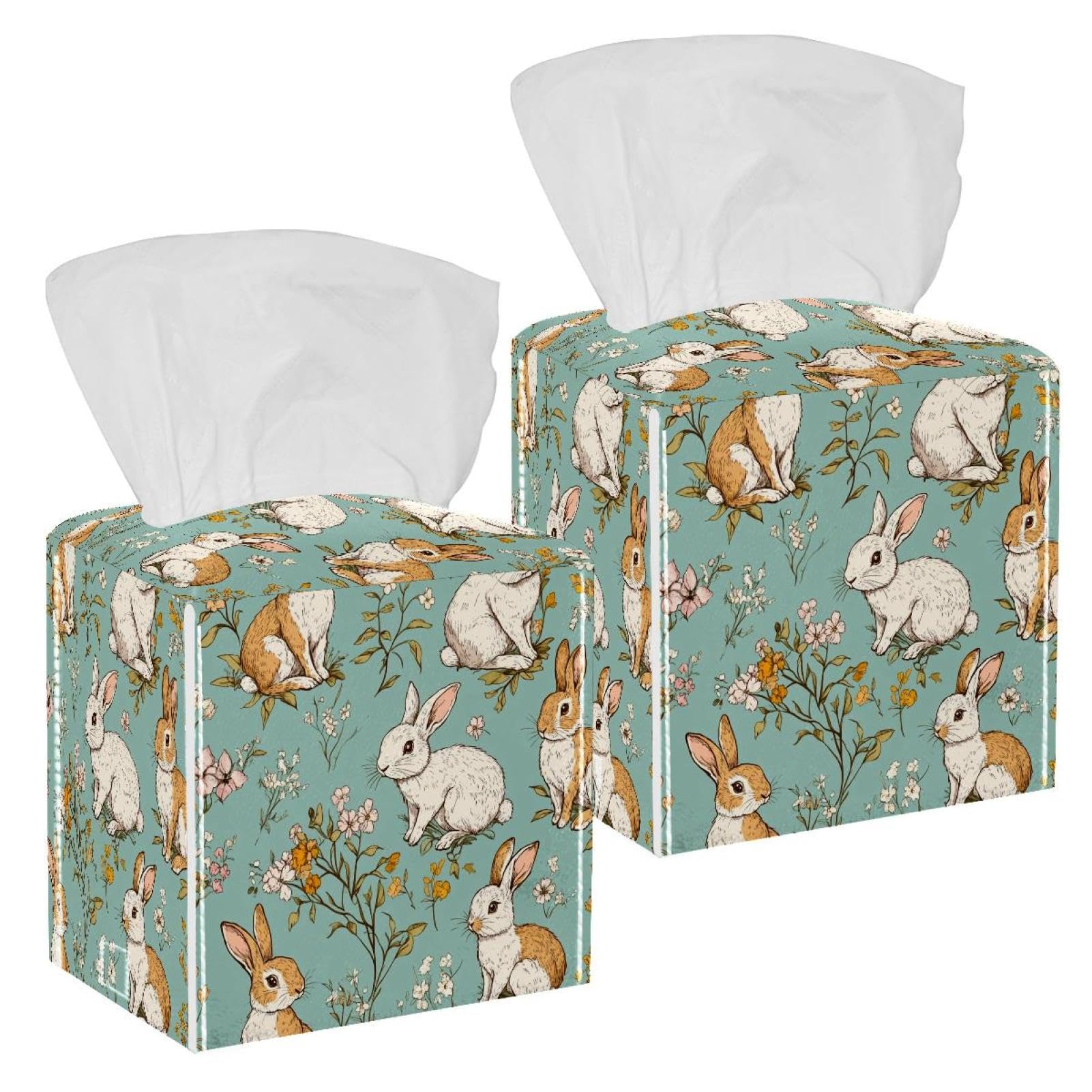 Rabbit and Flowers Tissue Box Cover, 2 Pack PU Leather Square Facial Tissue Dispenser Box holder for Home Office Car