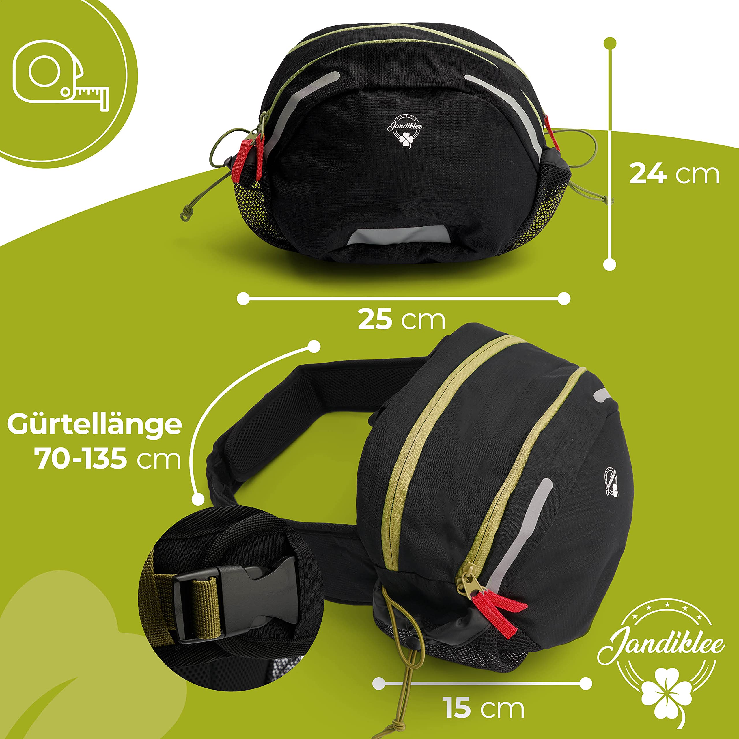 Jandiklee Large 9 Litre Waist Bag with Bottle Holder for Hiking Cycling, Dog Training, Black Green Red, M - Image 4