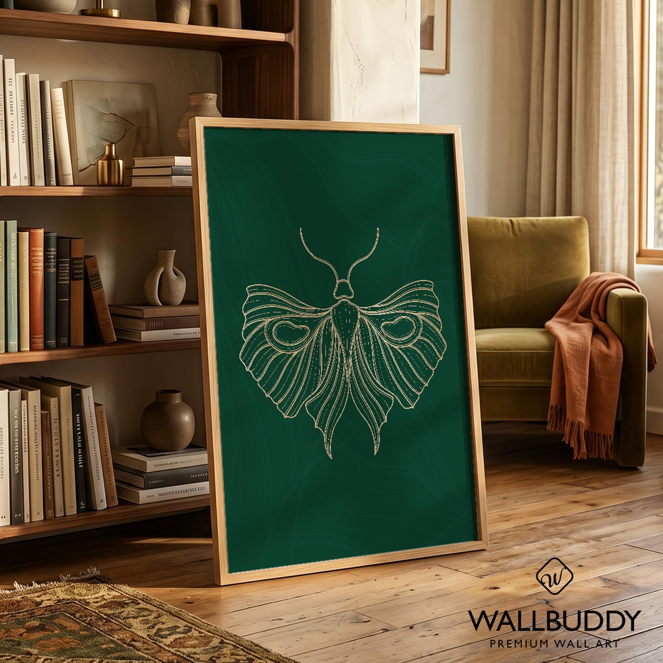 WallBUddy Motten Linienkunst Wanddruck | Elegant (60 x 90 cm, Eichenrahmen)