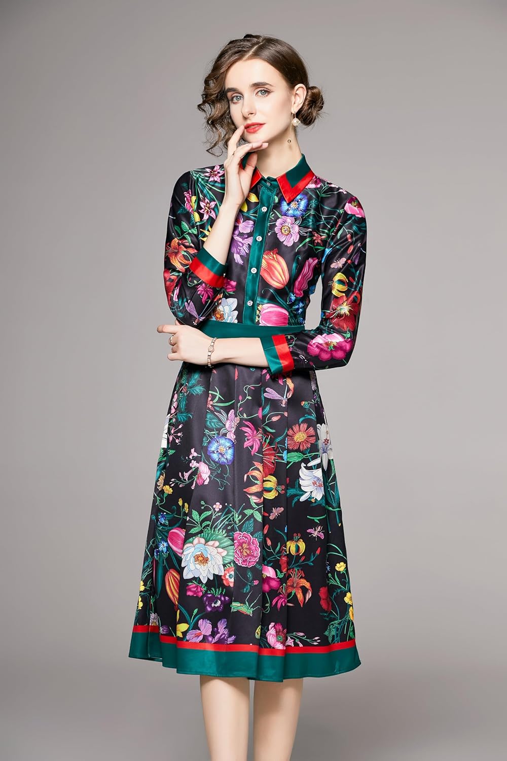 LAI MENG FIVE CATS Women's 3/4 Sleeve Floral Print Button up Casual A-line Flowy Midi Dress - Image 6