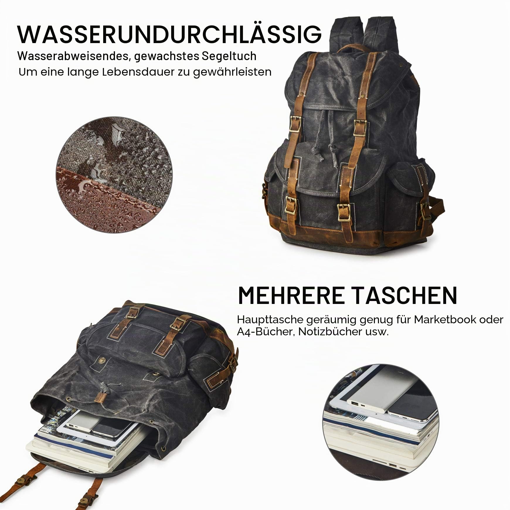 Leinen jagdrucksack,Leder lederrucksack herren,15.6 Zoll Laptop Alltag Wasserdicht rücksack für Herren Damen,Casual Business Sport Wanderrucksack